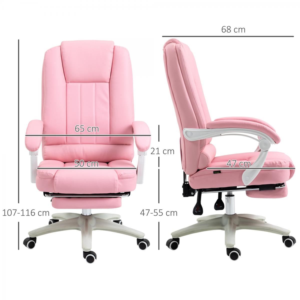 Pinker Bürostuhl mit Maßen. Vorder- und Seitenansicht.