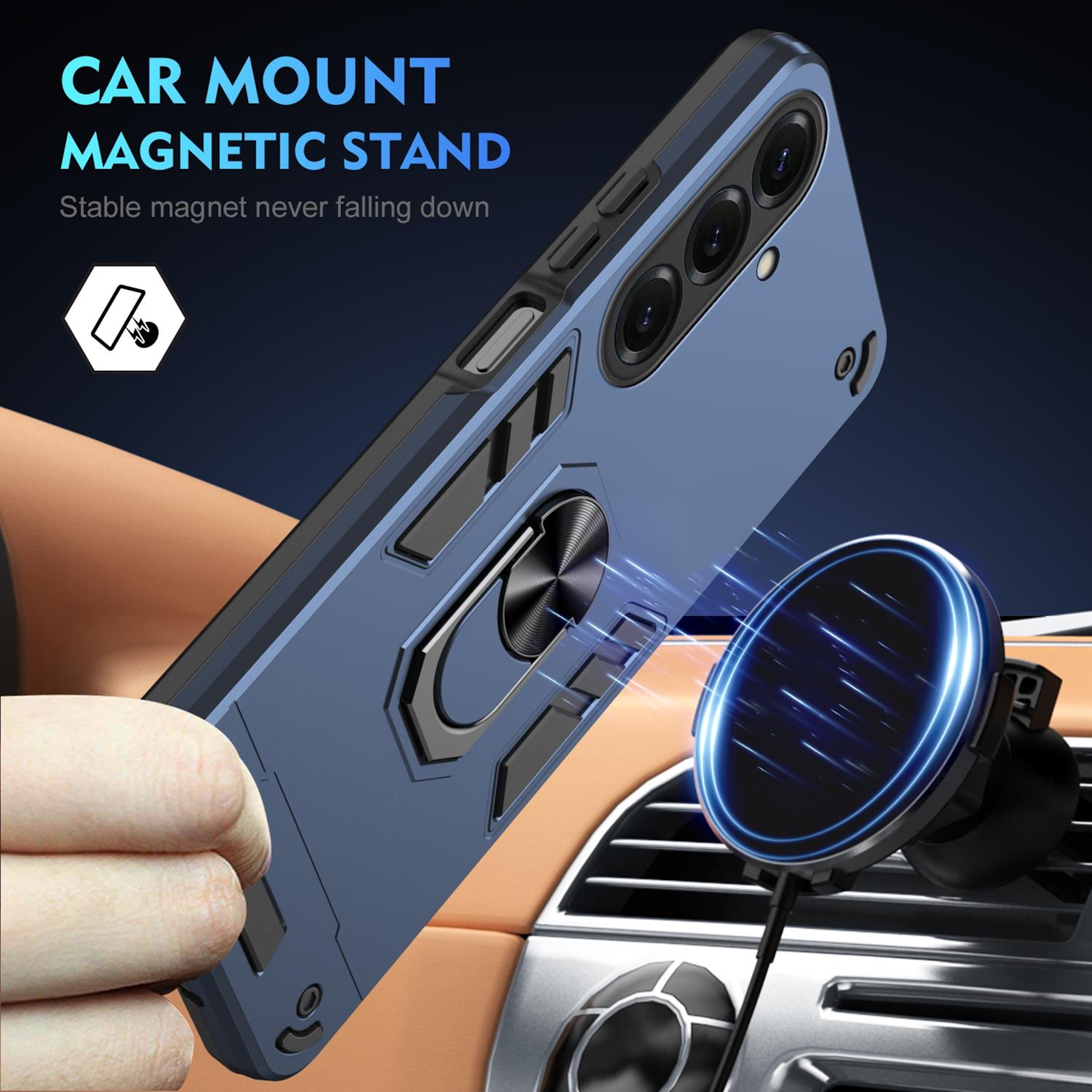 Ein blaues Handy mit Ständer in einem Auto, befestigt an einer magnetischen Autohalterung.