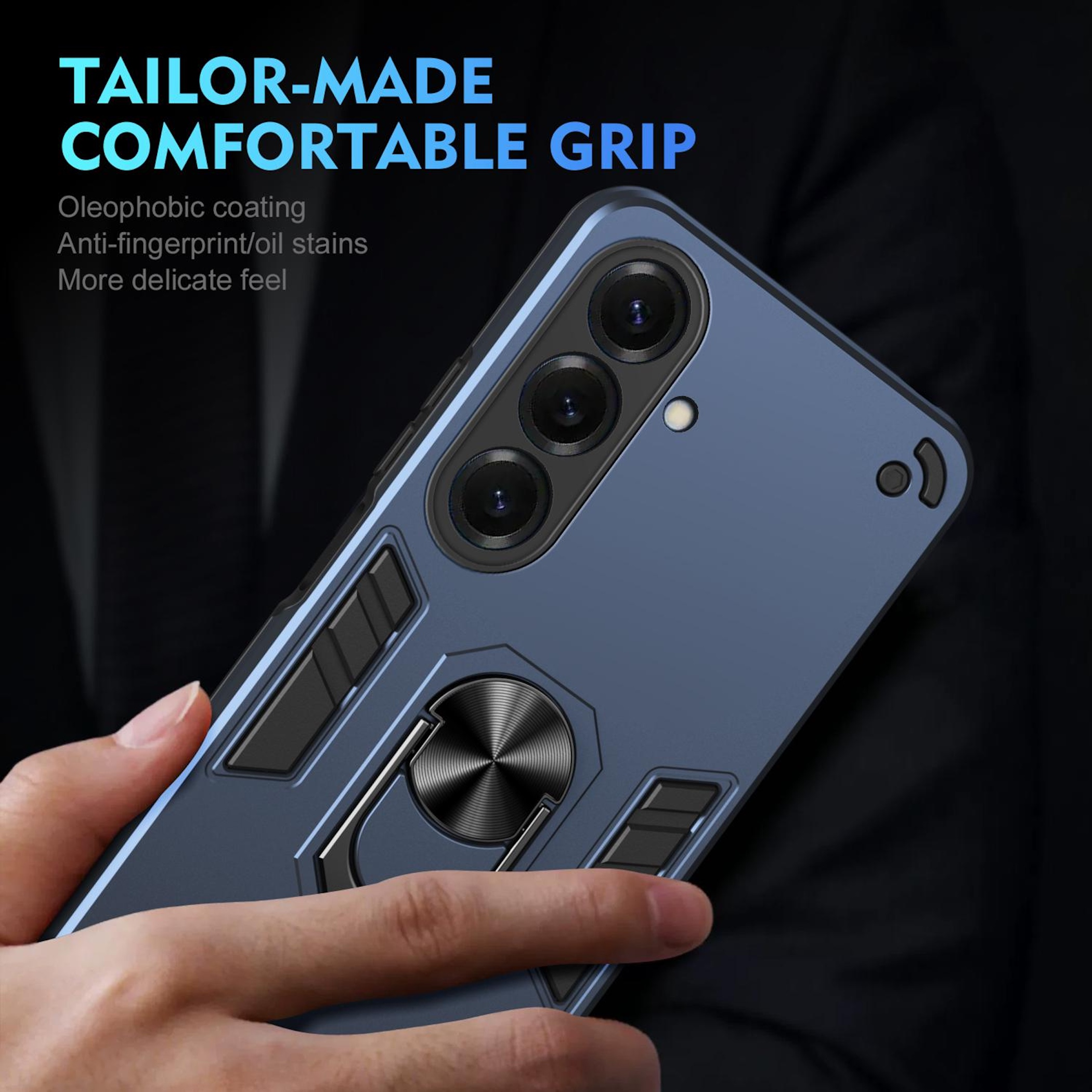 Ein Handy mit blauem Case wird von einer Hand gehalten. Es hat eine Ringhalterung.