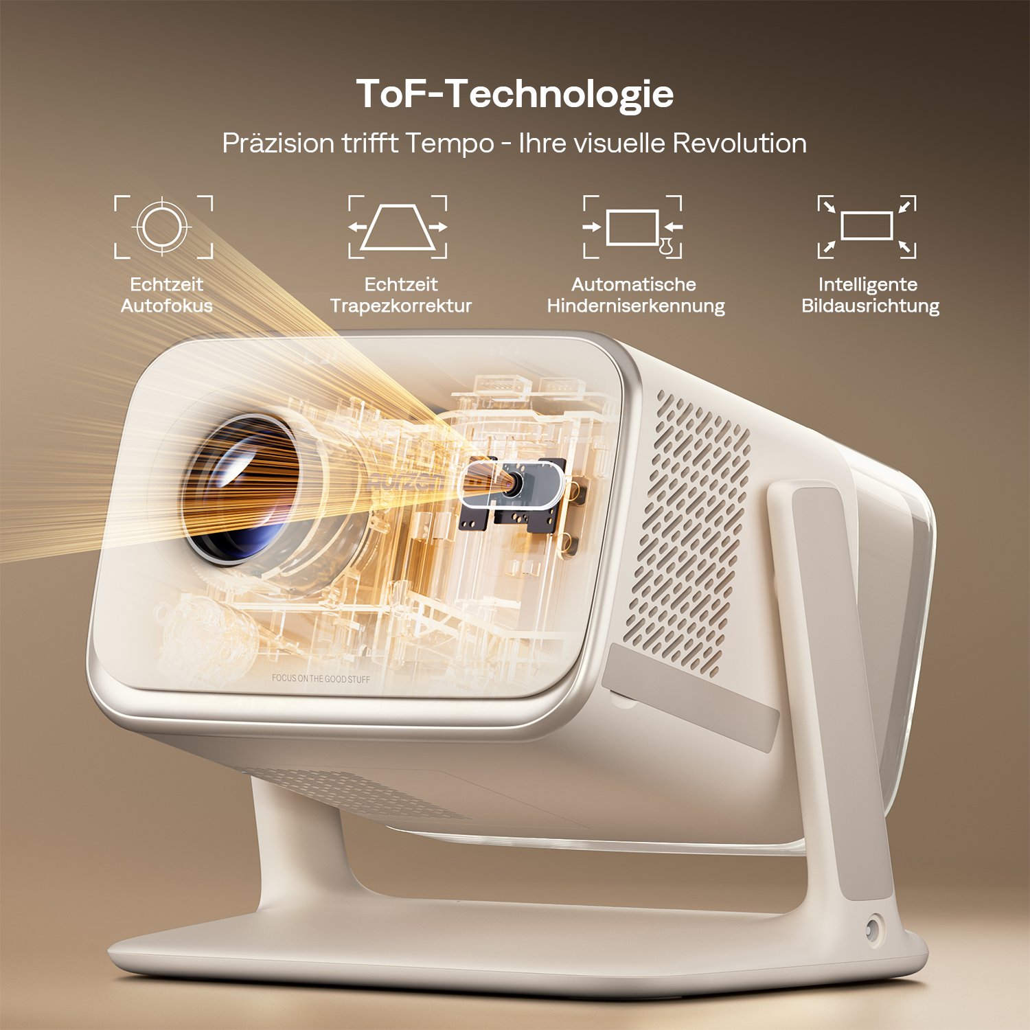 Ein heller Projektor mit ToF-Technologie, der Autofokus, Trapezkorrektur, Hinderniserkennung und Bildausrichtung zeigt.