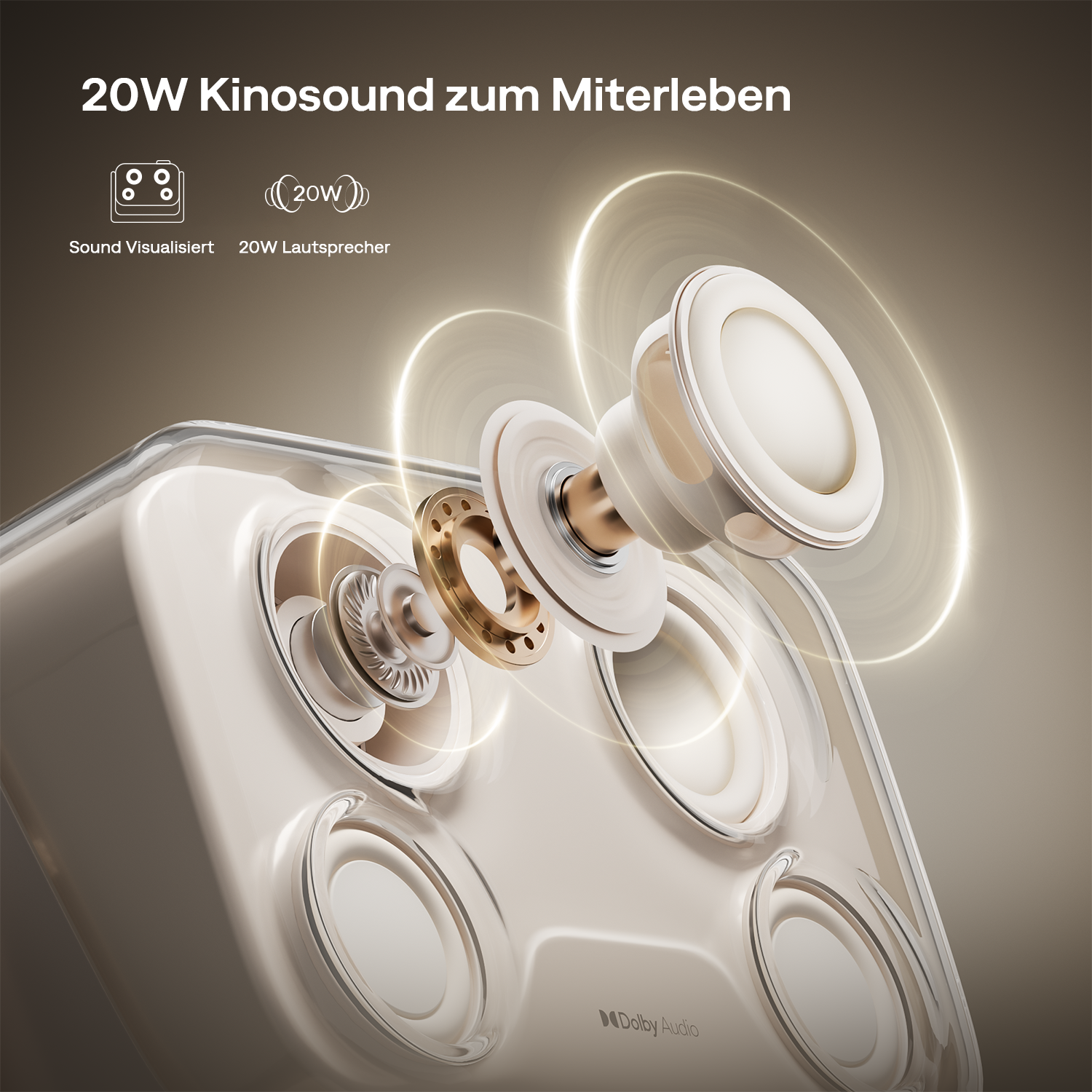 Explodierte Ansicht eines Lautsprechers mit 20W Dolby Audio.