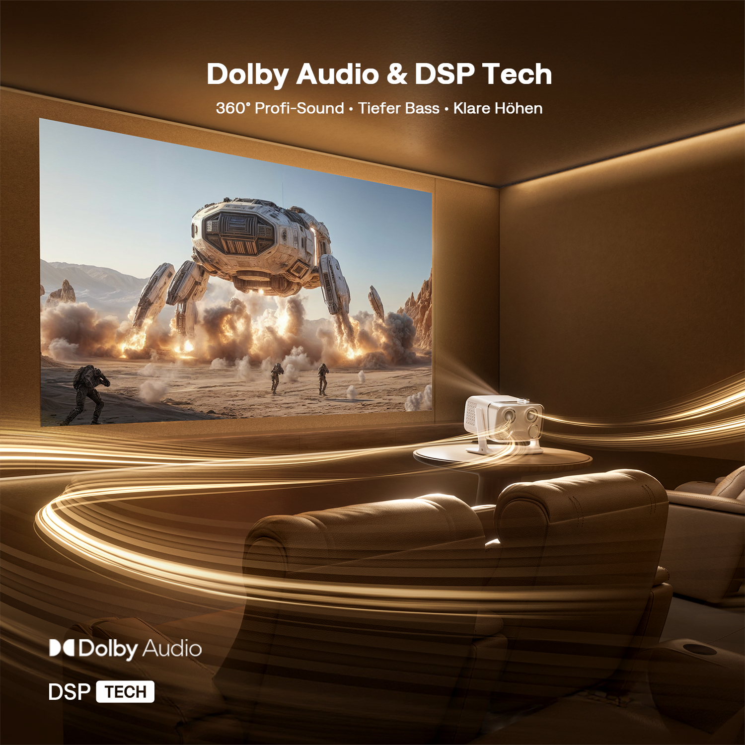 Ein Heimkino mit Projektor, Sesseln und Leinwand, die eine Sci-Fi-Szene zeigt.