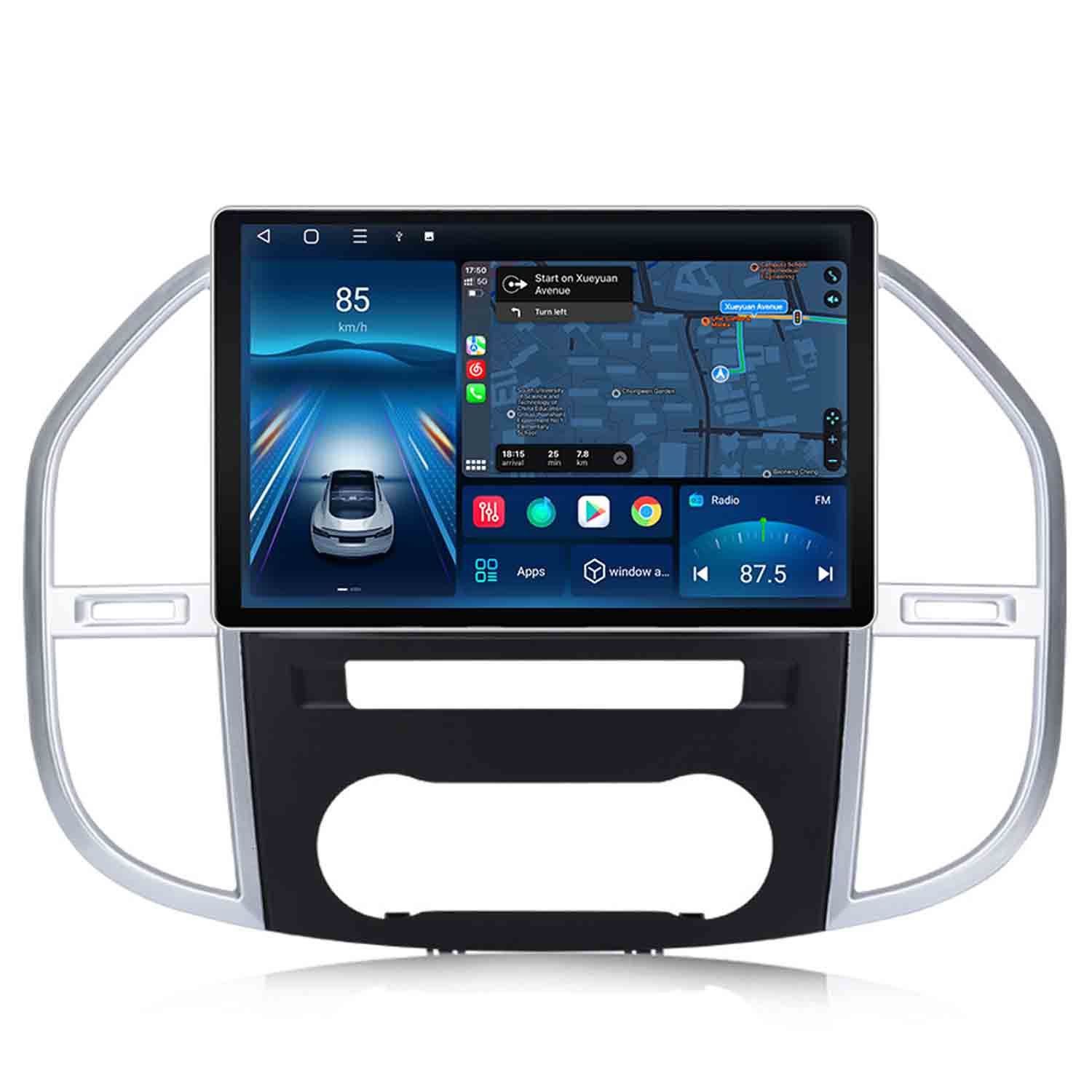 Ein Autoradio-Display zeigt eine Navigationskarte und die Geschwindigkeit von 85 km/h.