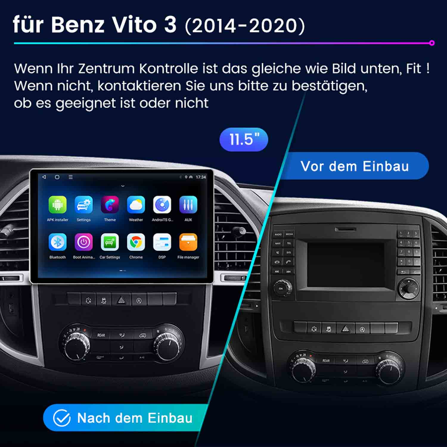 Vorher/Nachher Vergleich eines Benz Vito 3 (2014-2020) Autoradios.