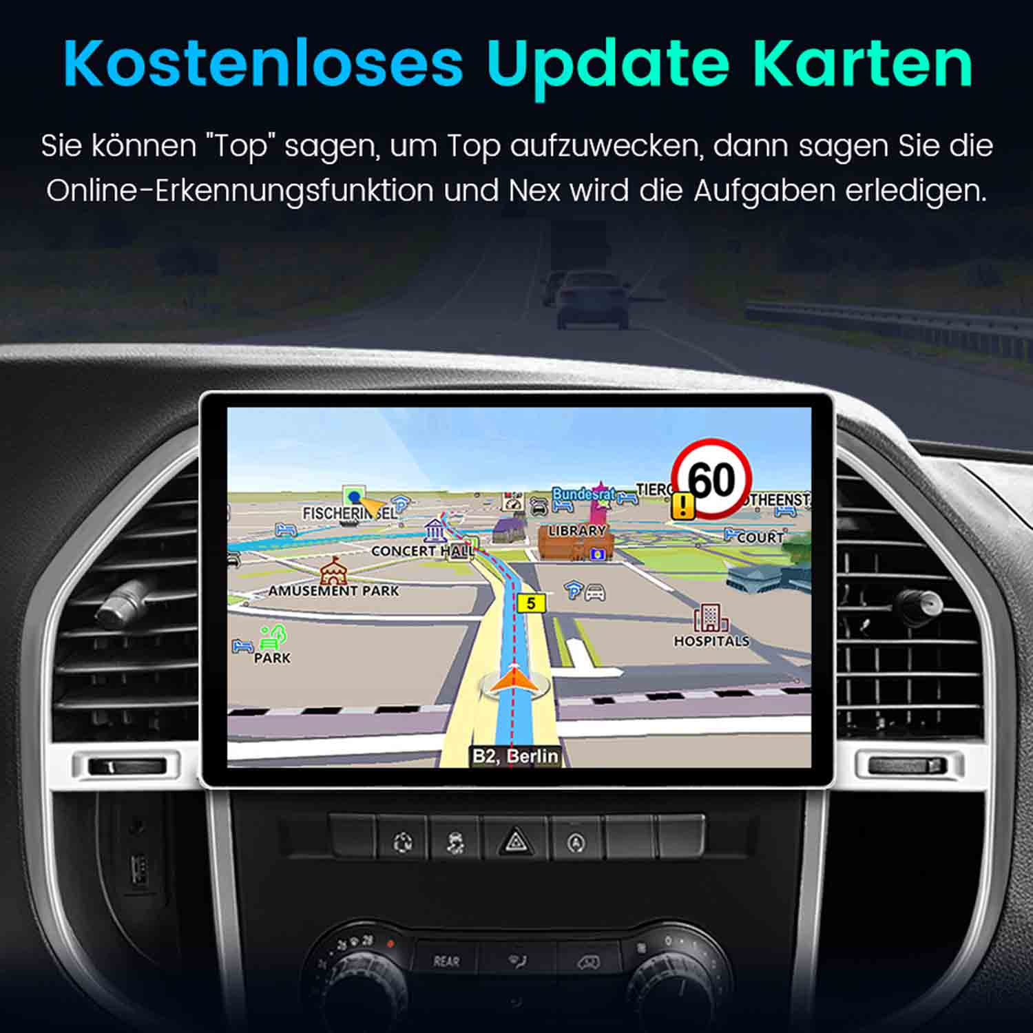 Navigationssystem im Auto zeigt eine Karte mit Straßen und POIs, Geschwindigkeit 60.