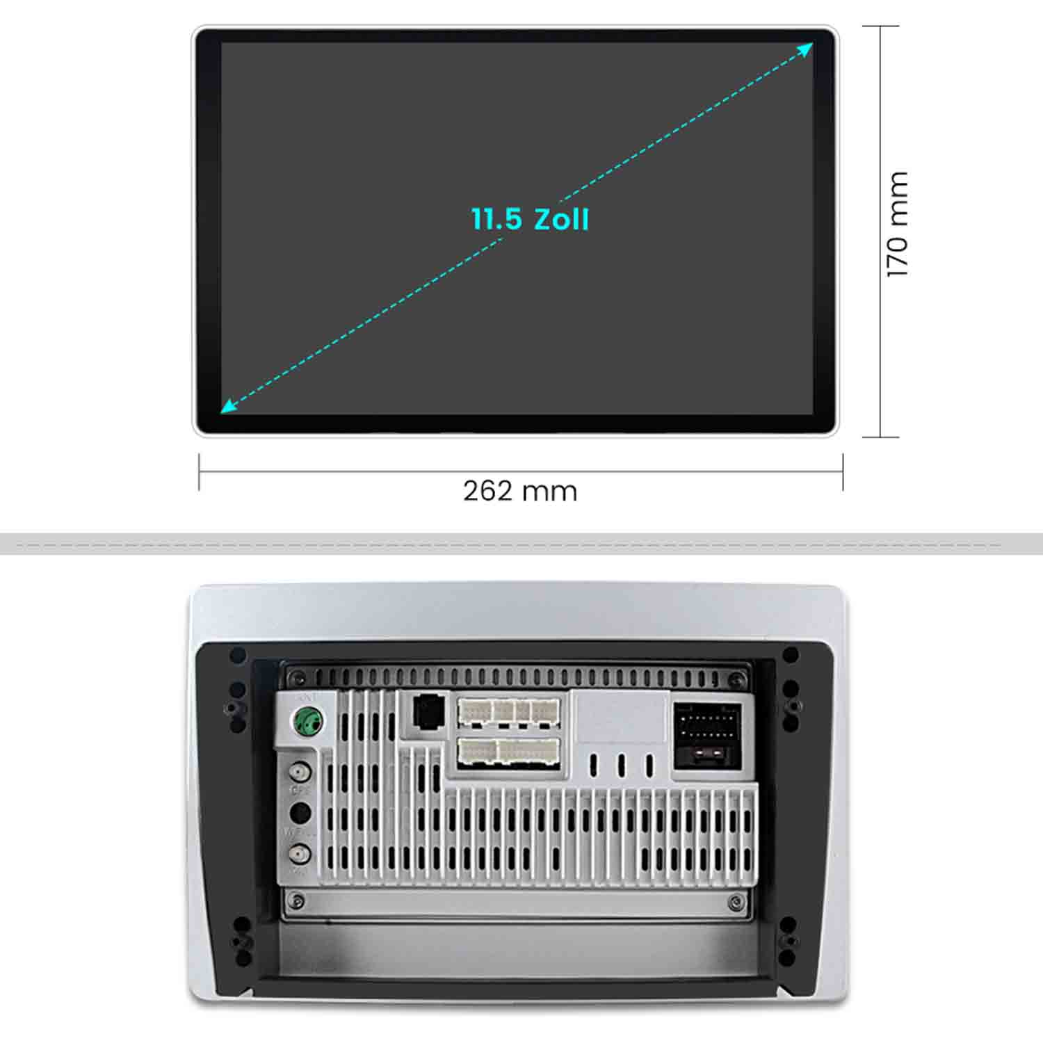 Ein 11,5-Zoll-Display mit 262 mm Breite und 170 mm Höhe. Rückseite mit Anschlüssen.