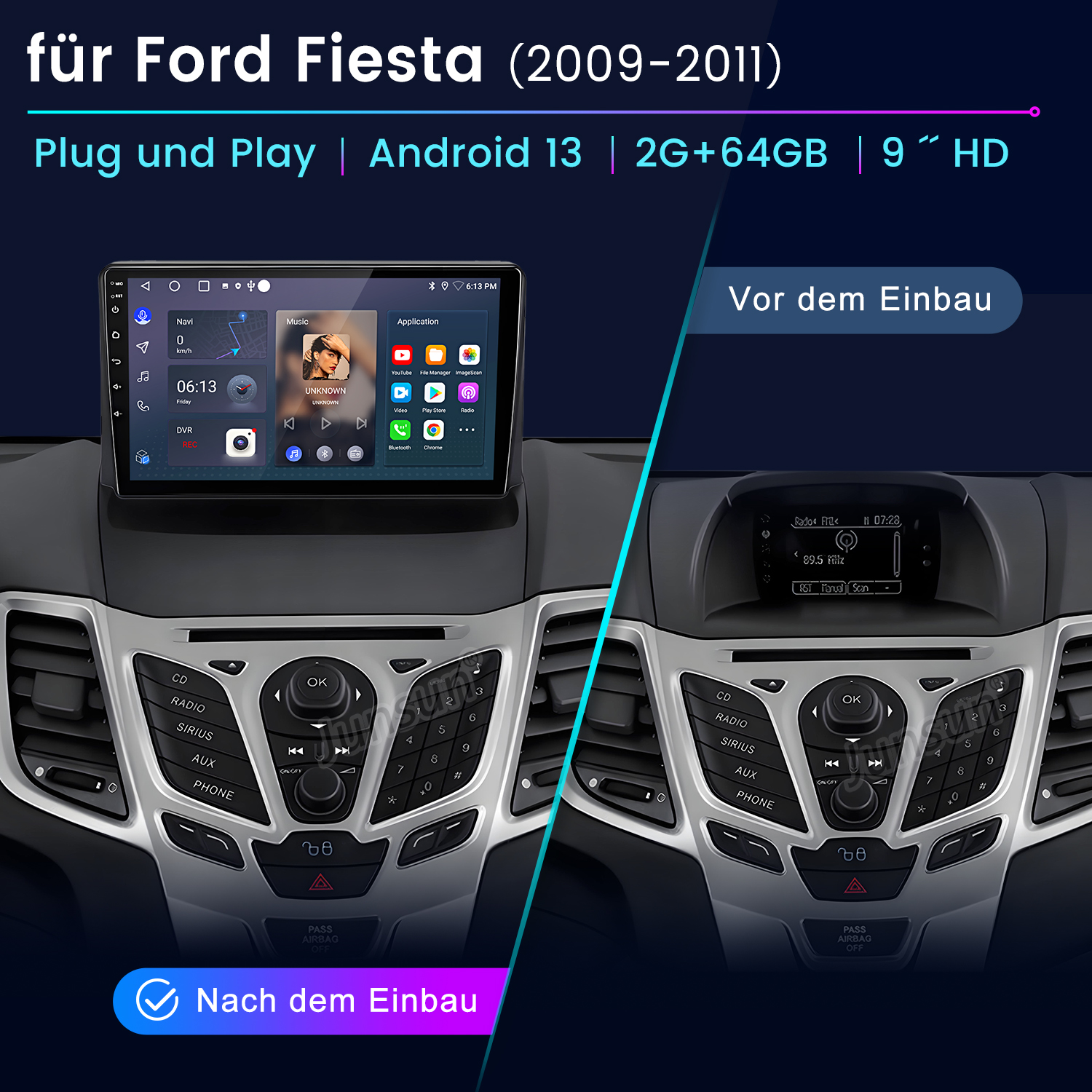 Vergleich eines Ford Fiesta Autoradios vor und nach dem Einbau eines neuen Displays.