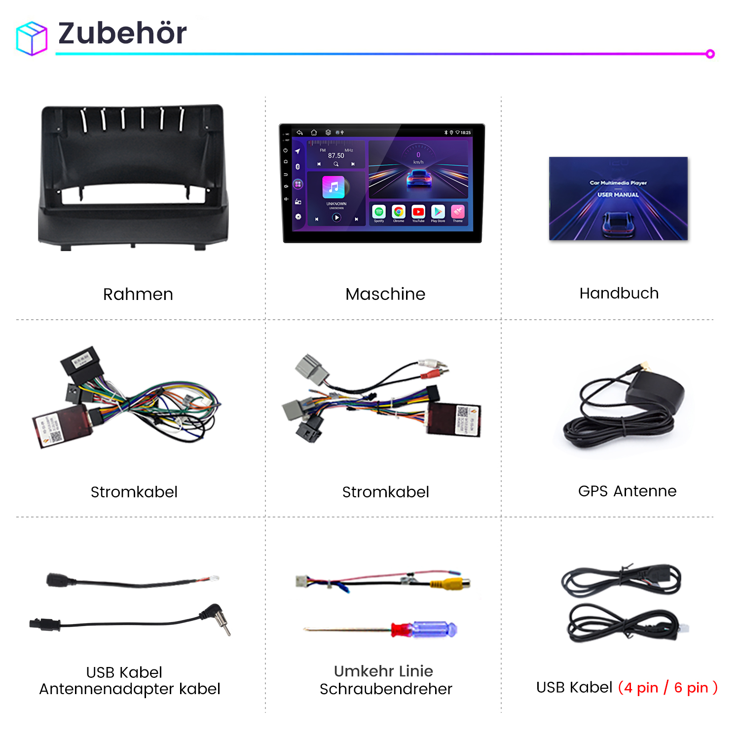 Ein schwarzer Rahmen, ein Autoradio-Bildschirm, ein Handbuch und diverse Kabel.