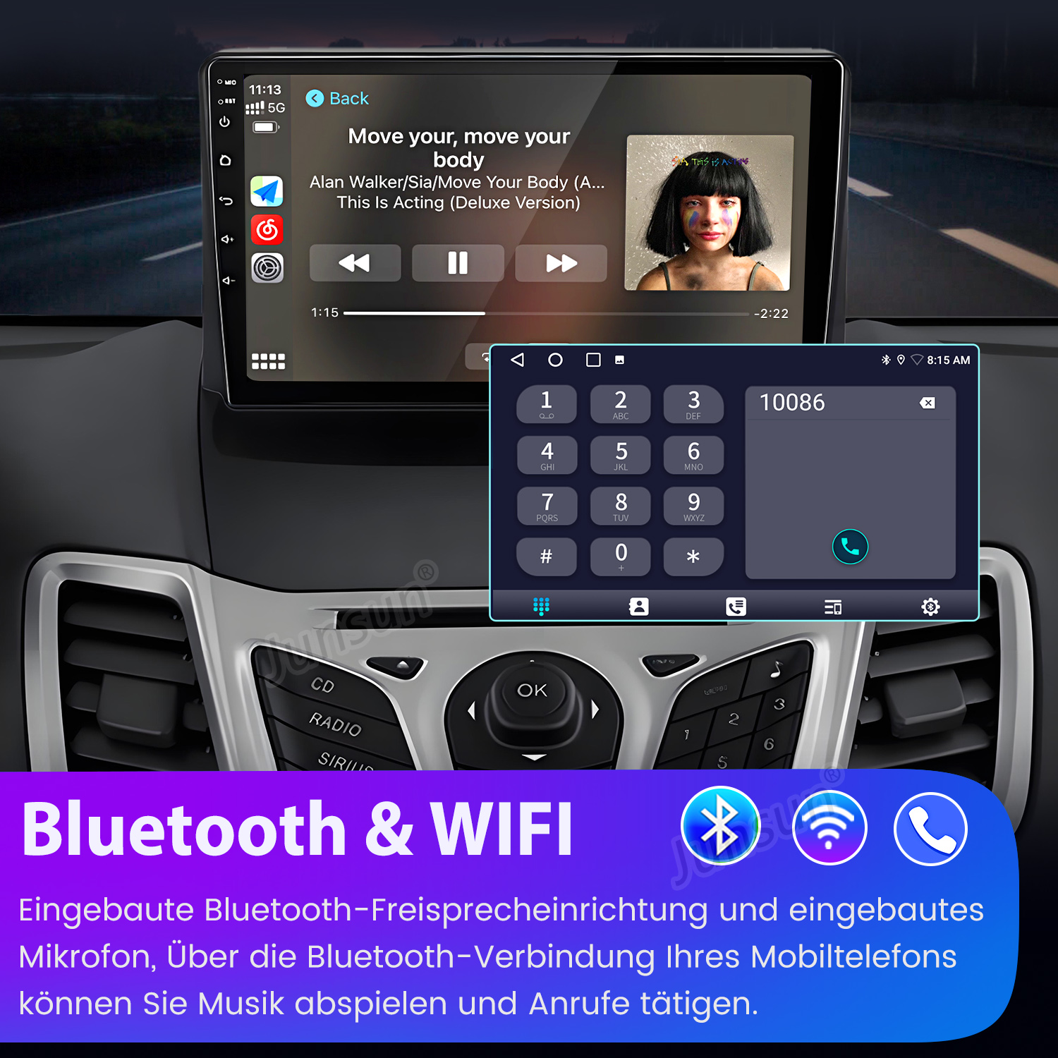 Ein Autoradio zeigt Musikwiedergabe und eine Tastatur. Unten steht "Bluetooth & WIFI".