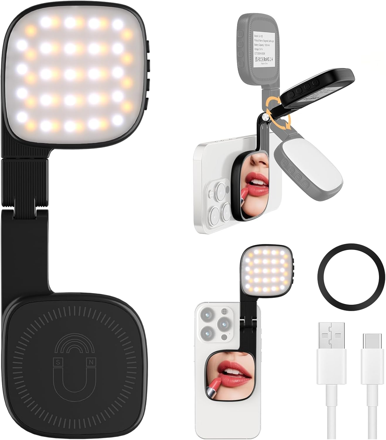 Ein mobiles LED-Licht mit Magnetrückseite, ein Smartphone mit Spiegel und Lippenstift, ein Kreis und zwei USB-Kabel.