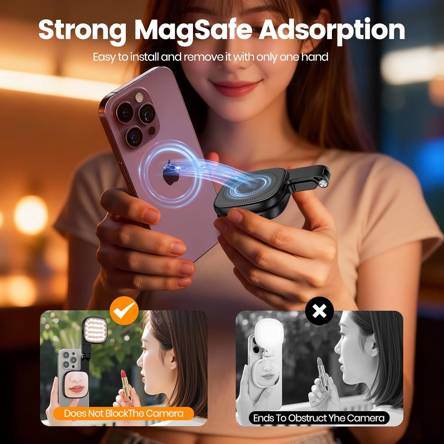 Eine Frau hält ein Handy und ein magnetisches Ladegerät. Vergleich von zwei Selfie-Lichtern.