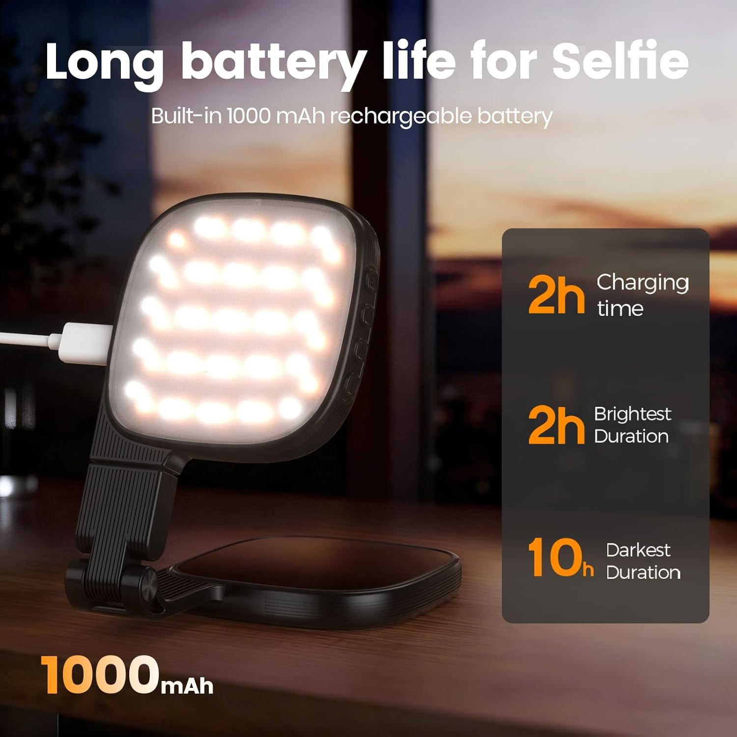 Ein Selfie-Licht mit 1000 mAh Akku. Ladezeit 2h, hell 2h, dunkel 10h.