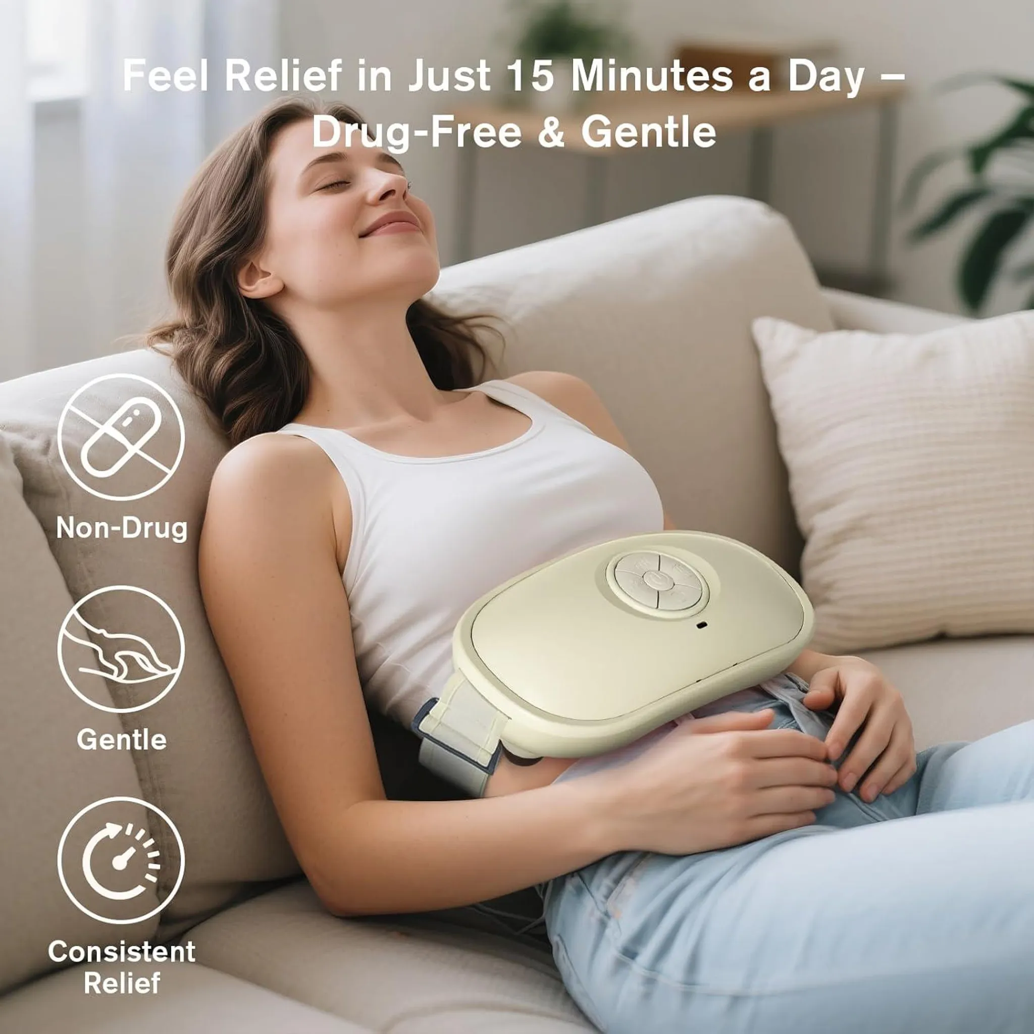 Eine Frau liegt auf einem Sofa mit einem Gerät auf ihrem Bauch. Symbole für Nicht-Medikament, sanft, konstanter Relief.