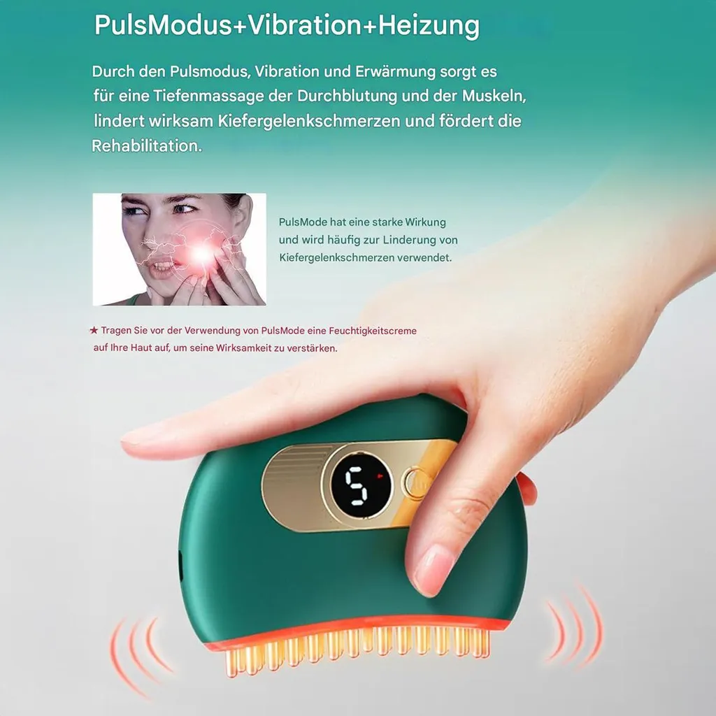 Grünes Massagegerät mit Bürste, Golddetail, Hand hält es. Bild mit Frau mit Zahnfleischschmerzen.
