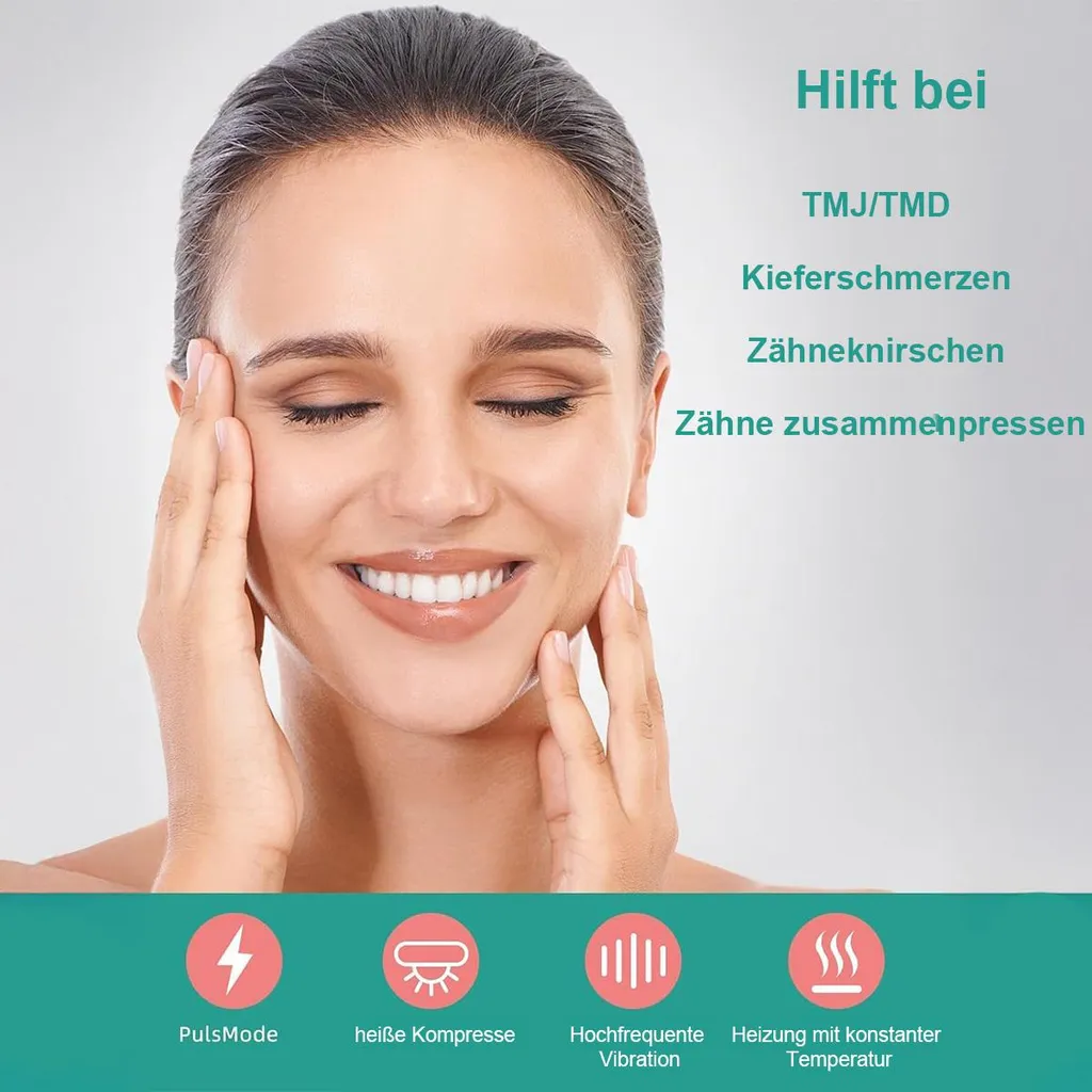 Frau mit geschlossenen Augen und Händen am Gesicht, mit Symbolen und Text.