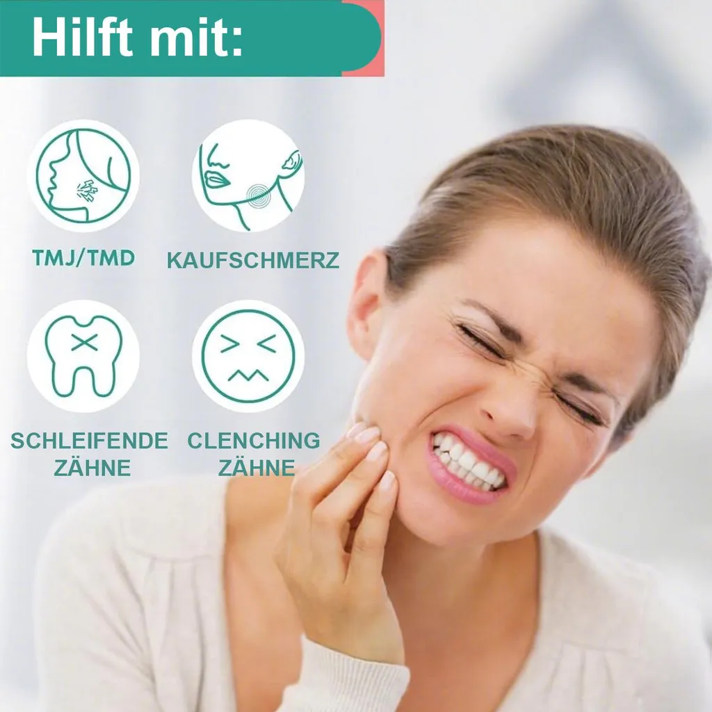 Frau mit schmerzverzerrtem Gesicht, hält sich die Wange. Icons für Schmerzen.