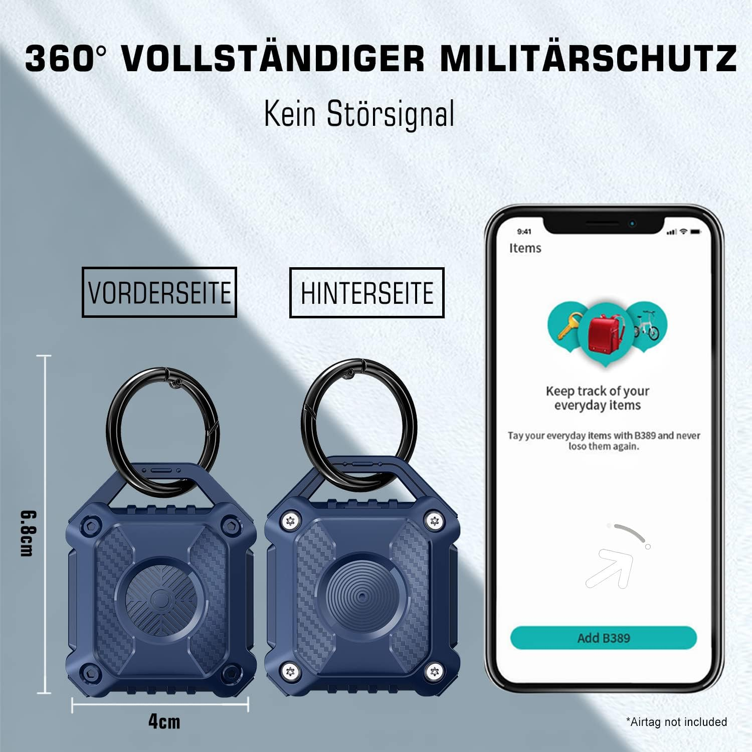 Drei blaue Schutzhüllen für AirTags, eine App-Ansicht mit Gegenständen.
