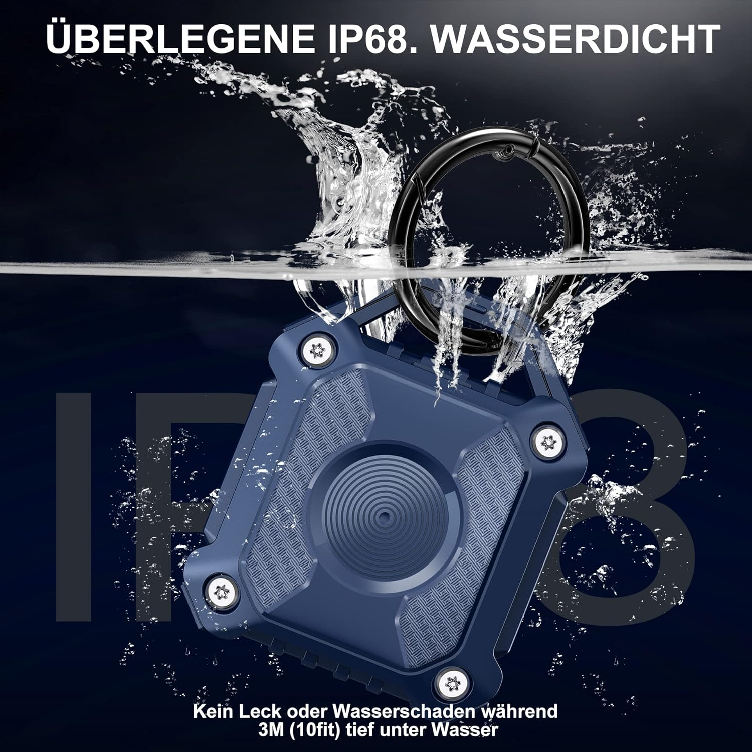 Eine blaue wasserdichte Hülle taucht in Wasser, mit Spritzern und Blasen.