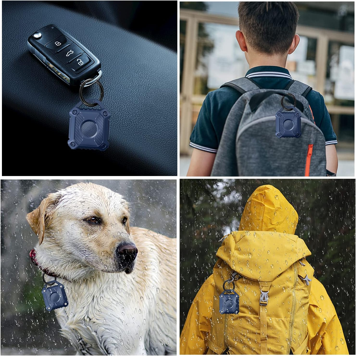 Vier Bilder zeigen einen blauen Tracker an Schlüsseln, Rucksack, Hundehalsband und Jacke.
