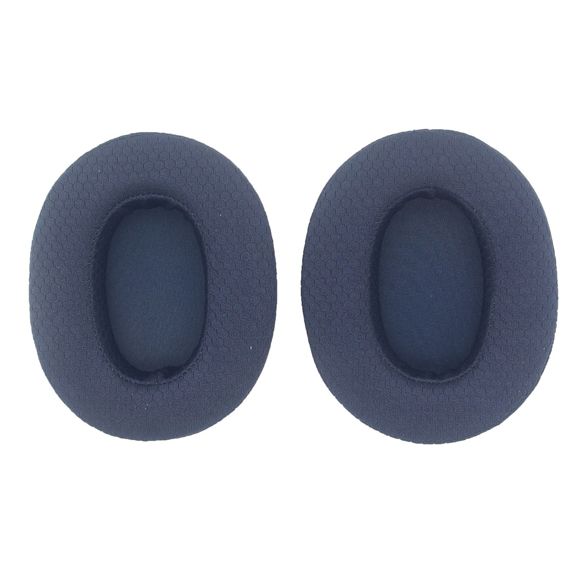Due cuscinetti auricolari blu scuro testurizzati, uno accanto all'altro.