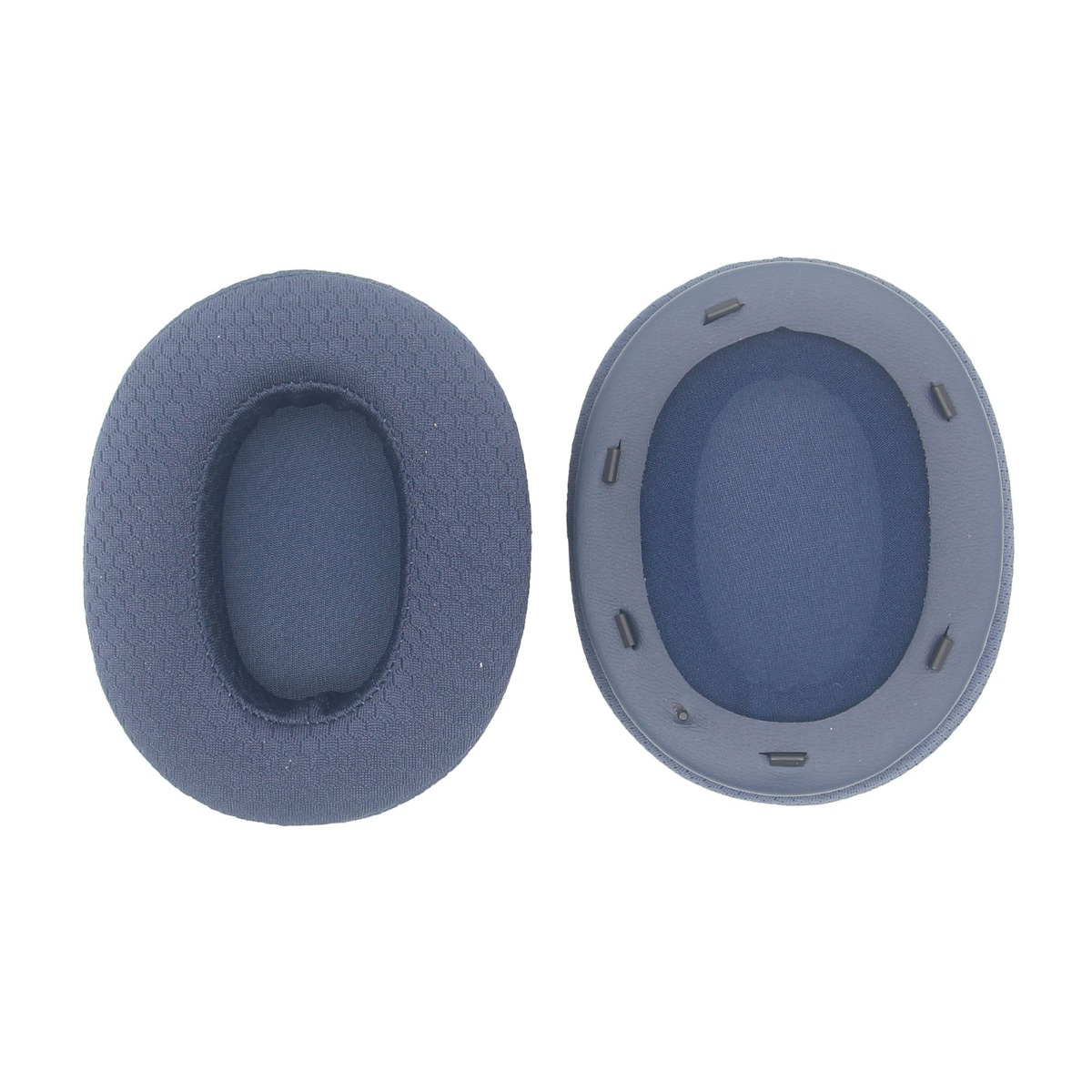Due cuscinetti auricolari blu per cuffie uno accanto all'altro.