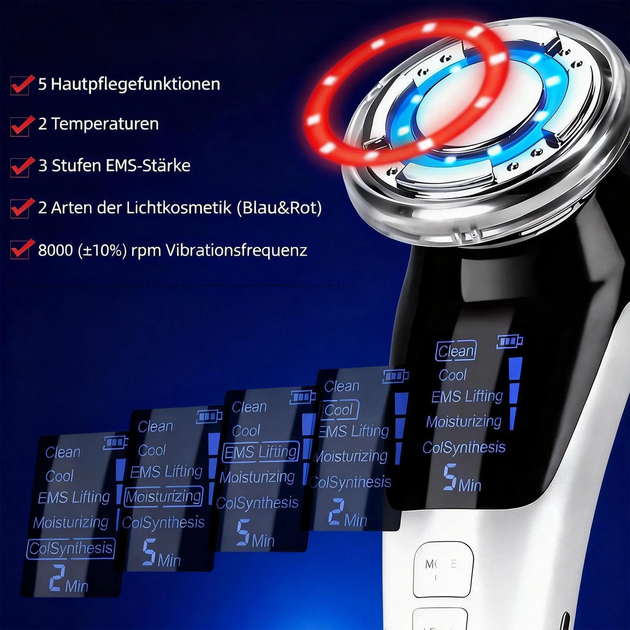 Ein Hautpflegegerät mit LED-Anzeige, das verschiedene Modi anzeigt.