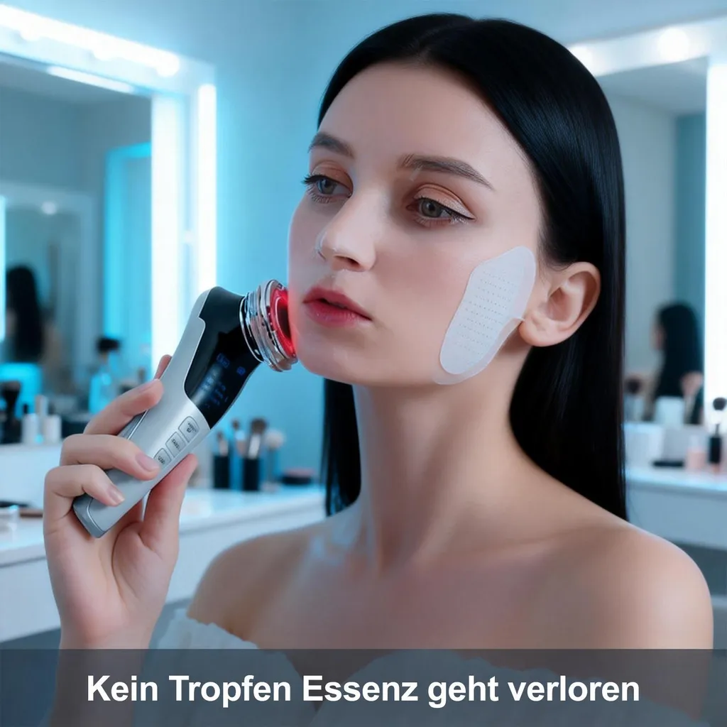 Eine Frau benutzt ein Hautpflegegerät mit rotem Licht an ihrem Kiefer.