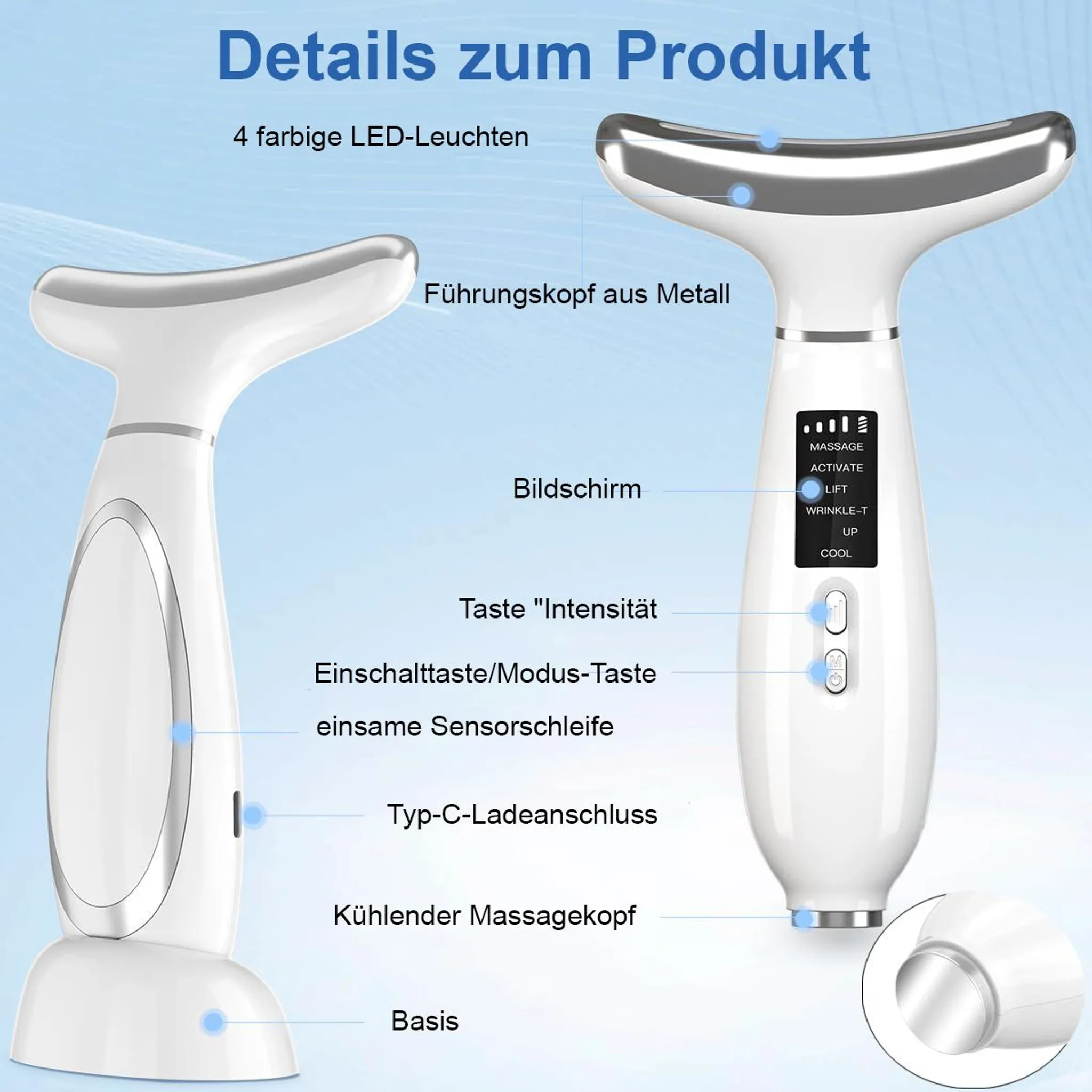 Ein weißes Hautpflegegerät mit Metallspitze, Bildschirm und Tasten.