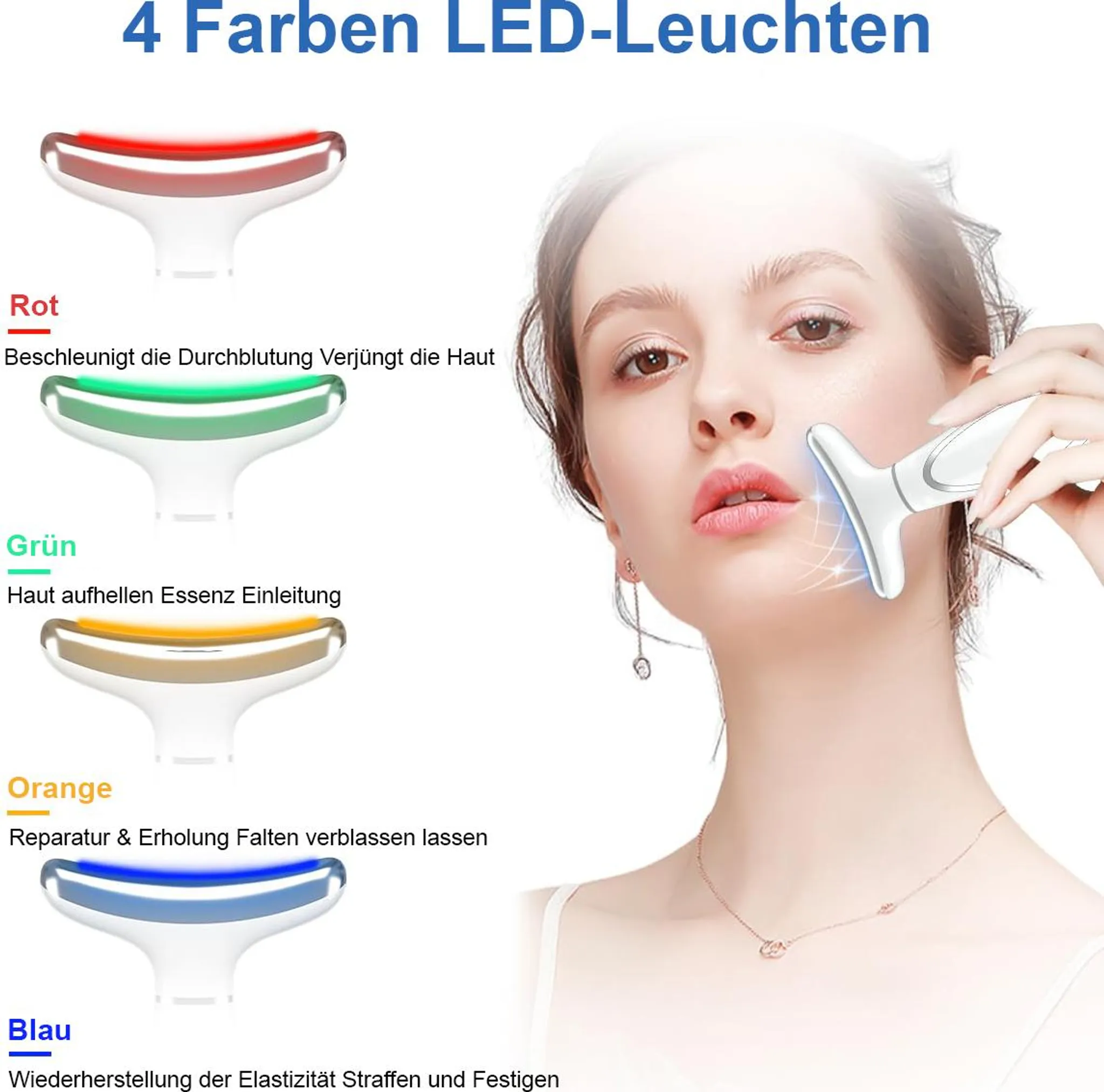 4 Farben LED-Leuchten für die Hautpflege: Rot, Grün, Orange, Blau mit Anwendungsbeschreibung.
