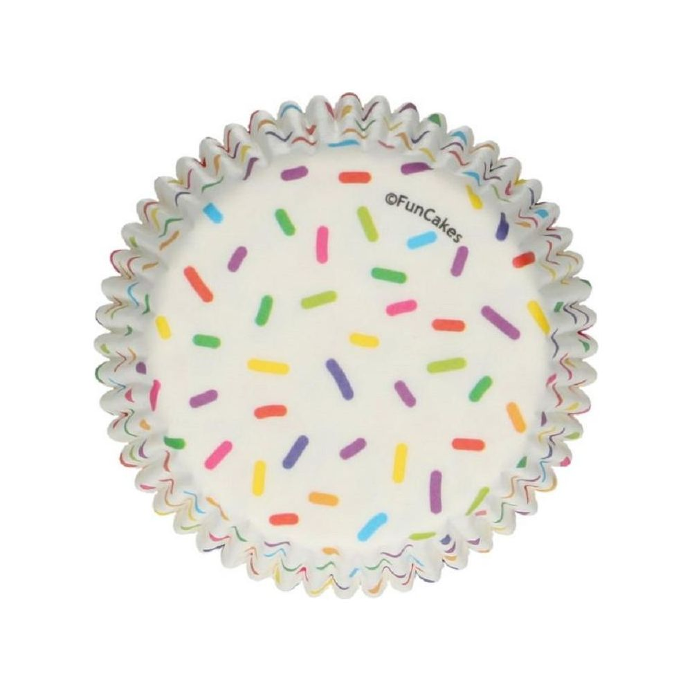 Weiße Cupcake-Form mit bunten Streuseln und gezacktem Rand.