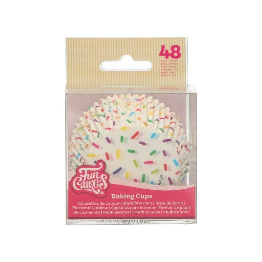 Verpackung mit 48 bunten Cupcake-Förmchen mit Streuseln.