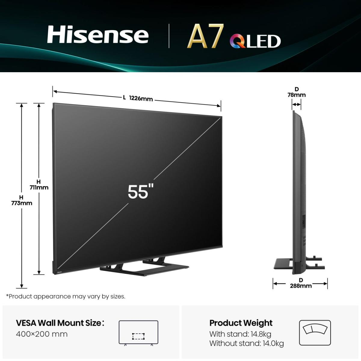 Wymiary telewizora Hisense A7 QLED: Dł 1226mm, Wys 711mm/773mm, Gł 78mm/288mm. Ekran 55".