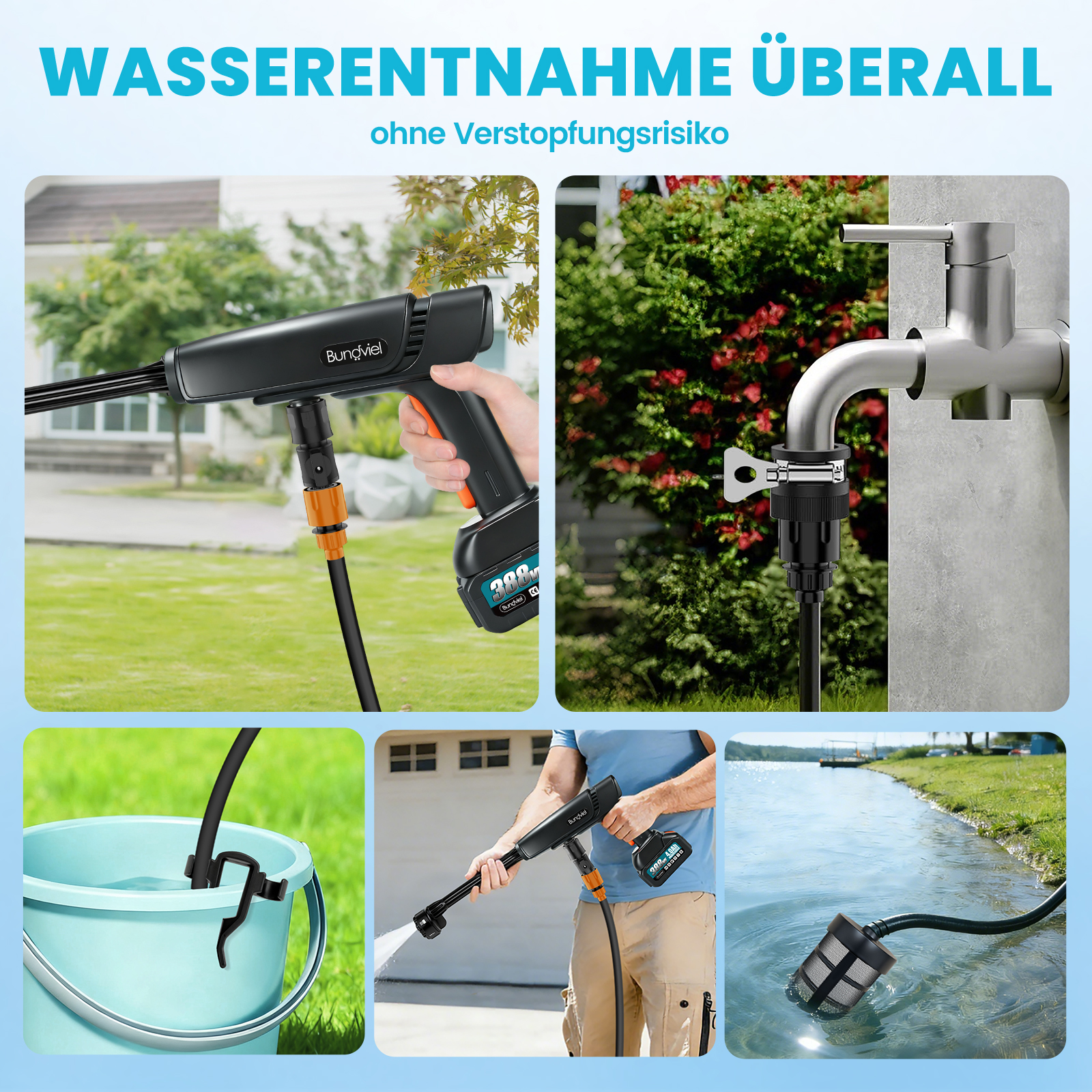 Kabelloser Hochdruckreiniger in Aktion: im Garten, an Wasserhahn, Eimer und See.