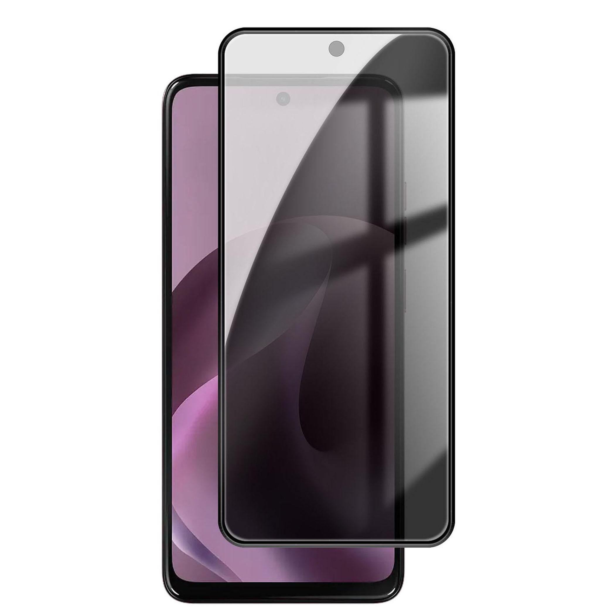 Una protezione per lo schermo nera giace su uno smartphone viola.