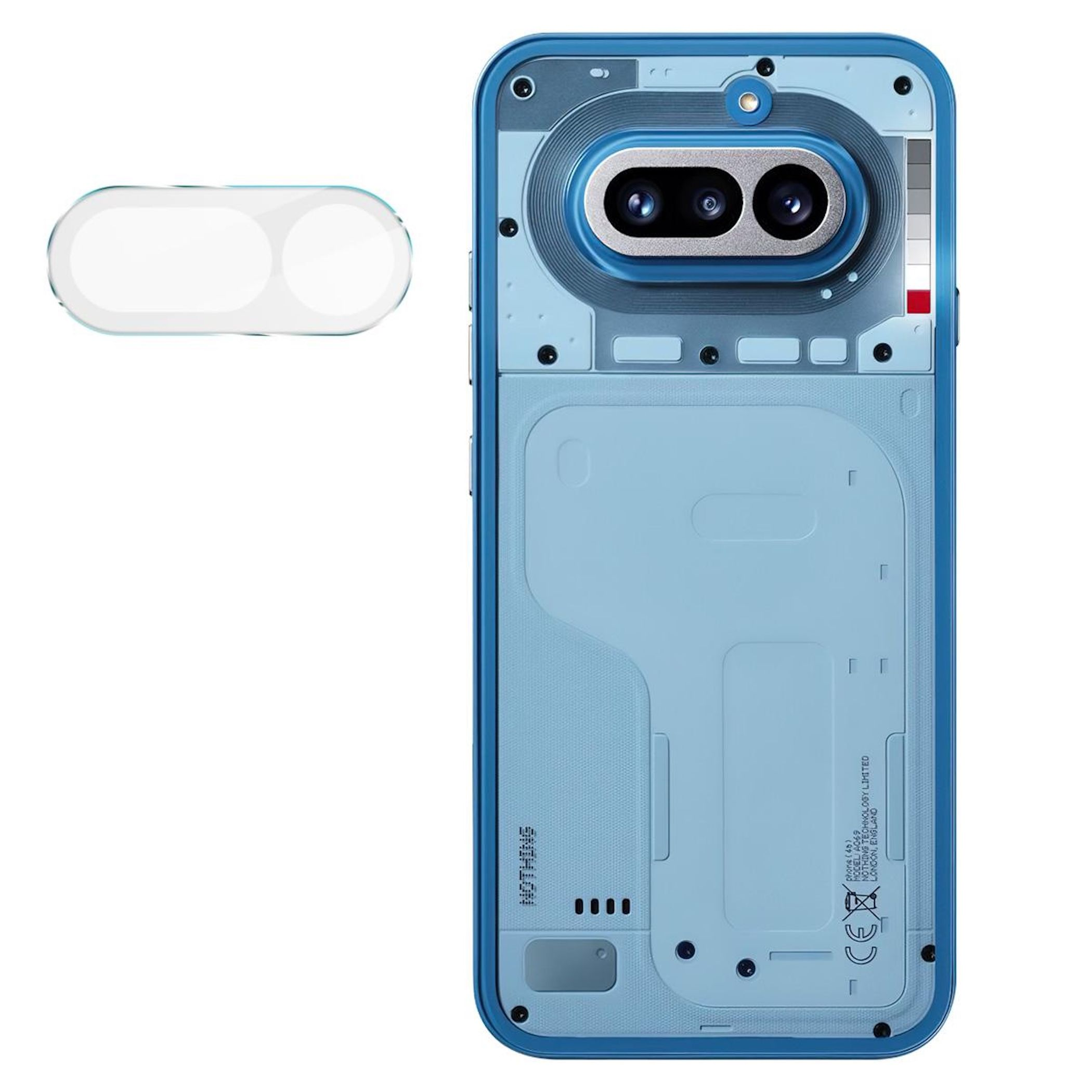 Uno smartphone blu con retro trasparente che mostra i componenti interni.