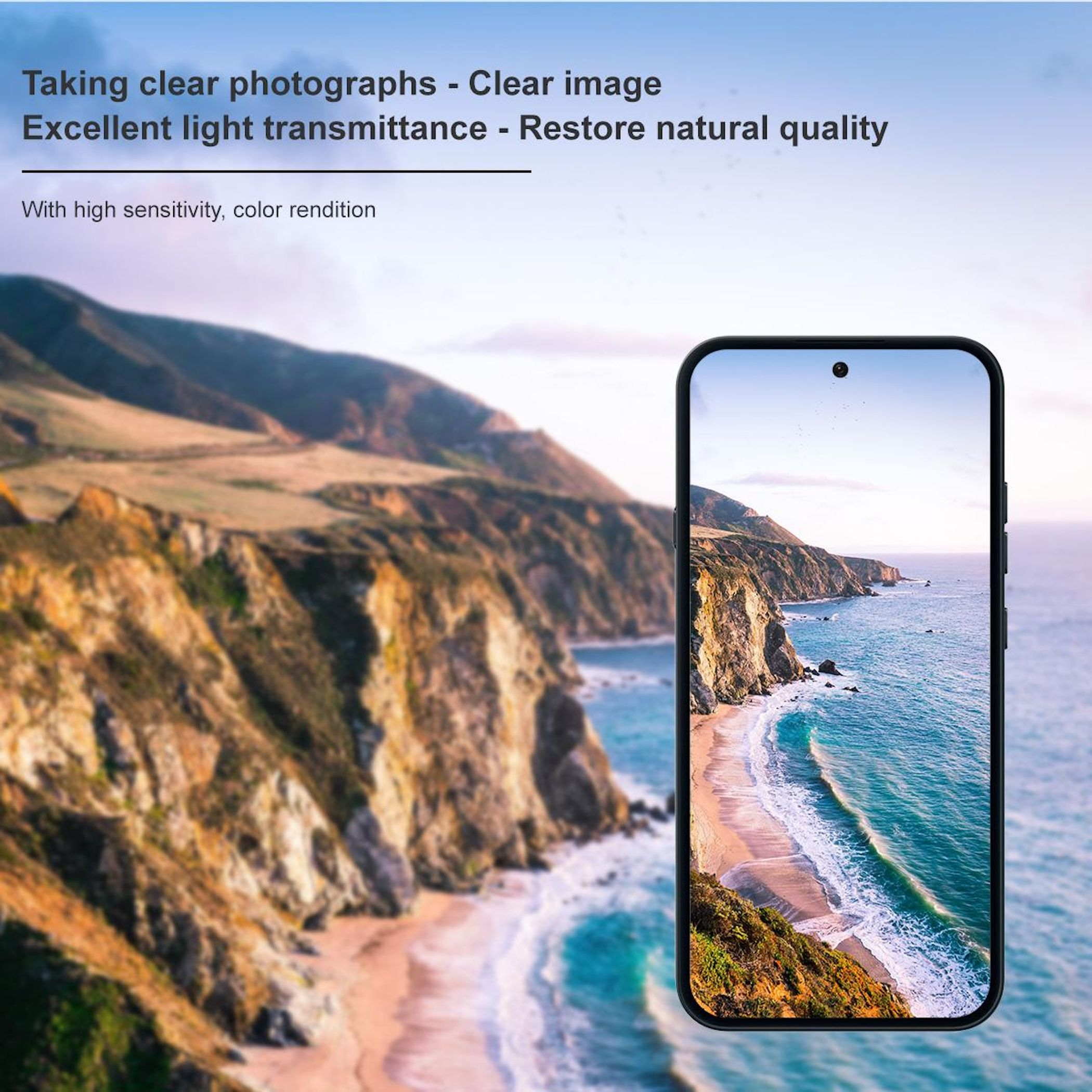Uno smartphone mostra un paesaggio costiero con onde e scogliere al tramonto.