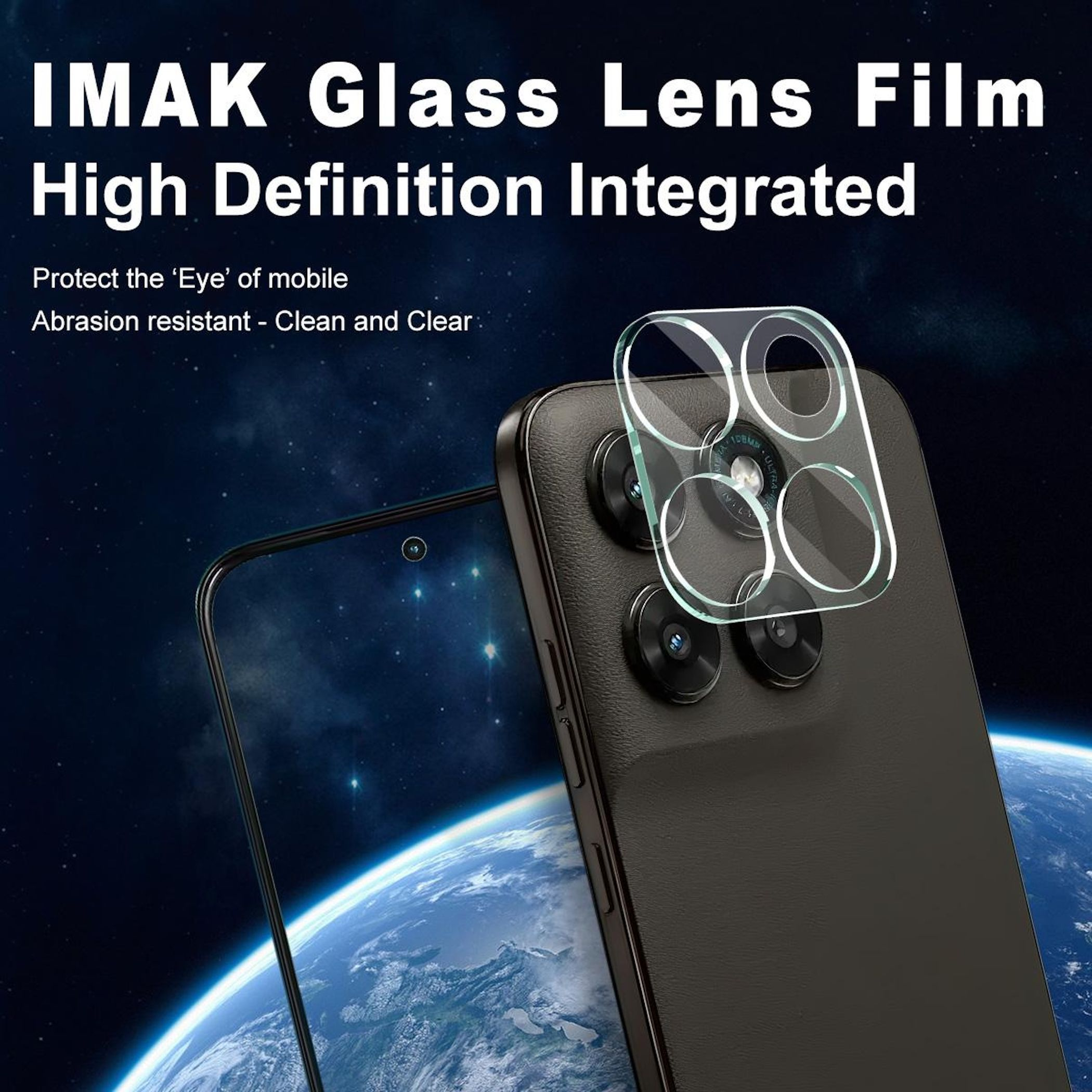 Eine Glaslinse mit vier Kameras auf einem Handy vor dem Hintergrund der Erde.