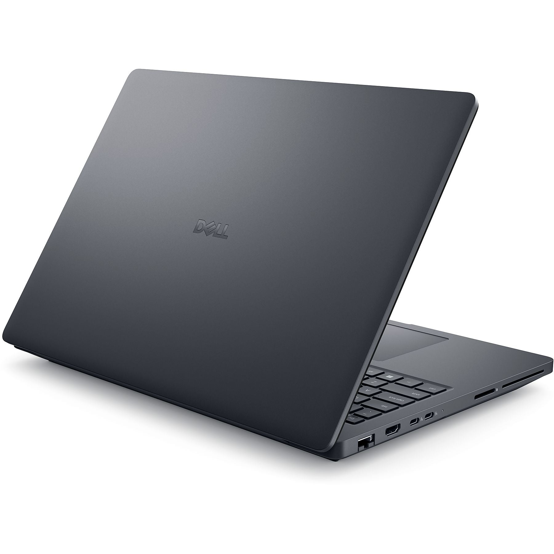 Laptop Dell grigio scuro chiuso con logo sul coperchio.