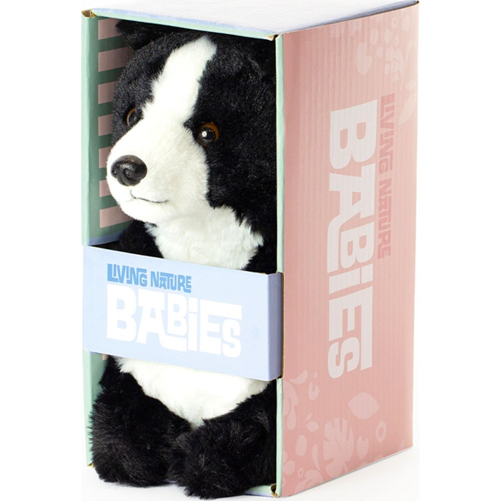 Un peluche di cane bianco e nero in una scatola con etichetta 'Living Nature Babies'.