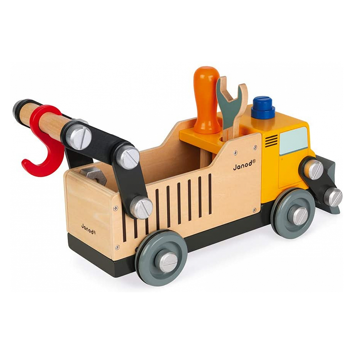 Un camion jouet en bois, jaune, avec des outils et un crochet.