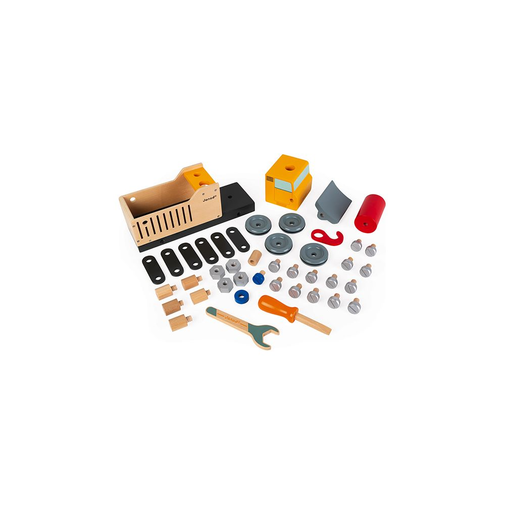 Un jeu de construction en bois avec pièces de véhicule, outils et vis.