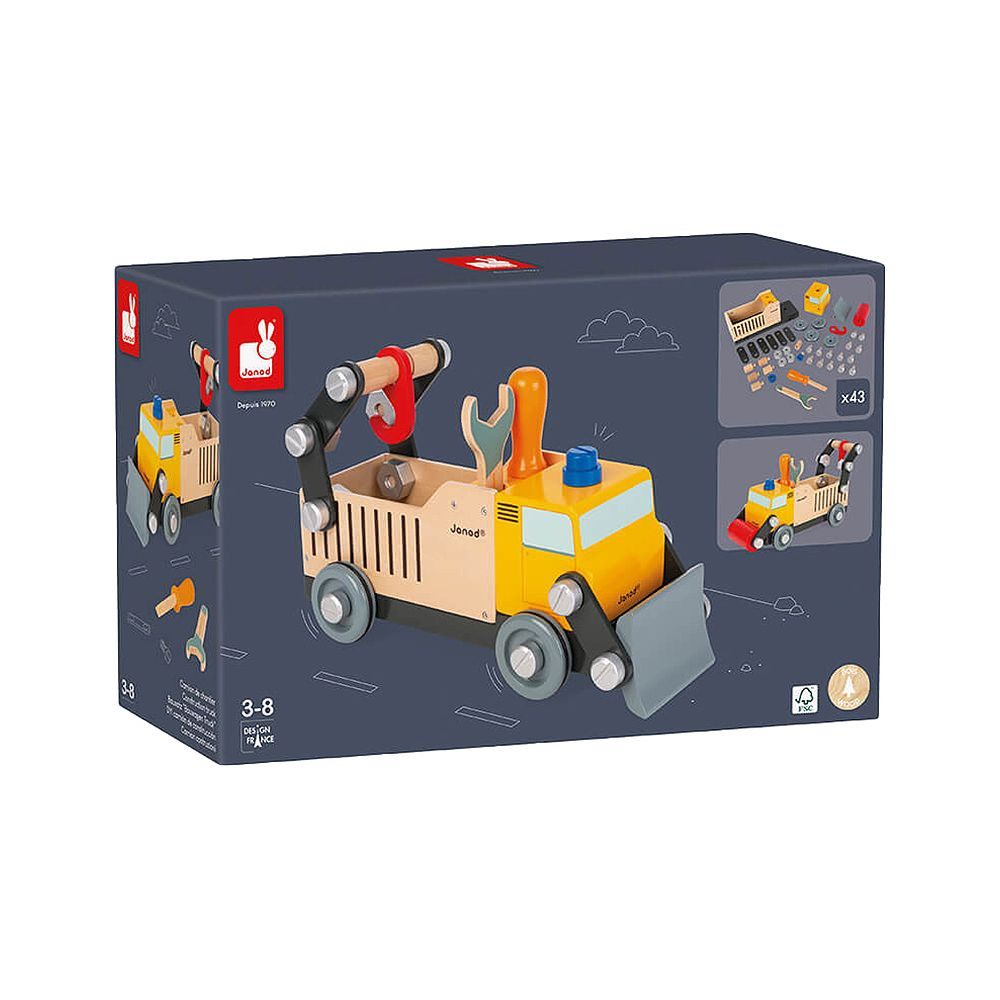 Boîte d'un jouet bulldozer en bois avec outils et vis, en jaune et gris.