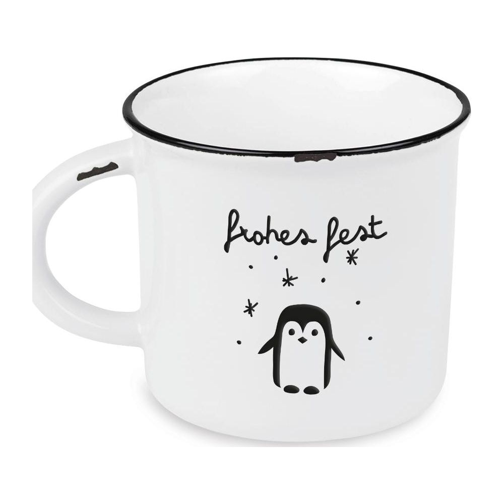 Weiße Tasse mit schwarzem Pinguin und Text 'frohes fest'.
