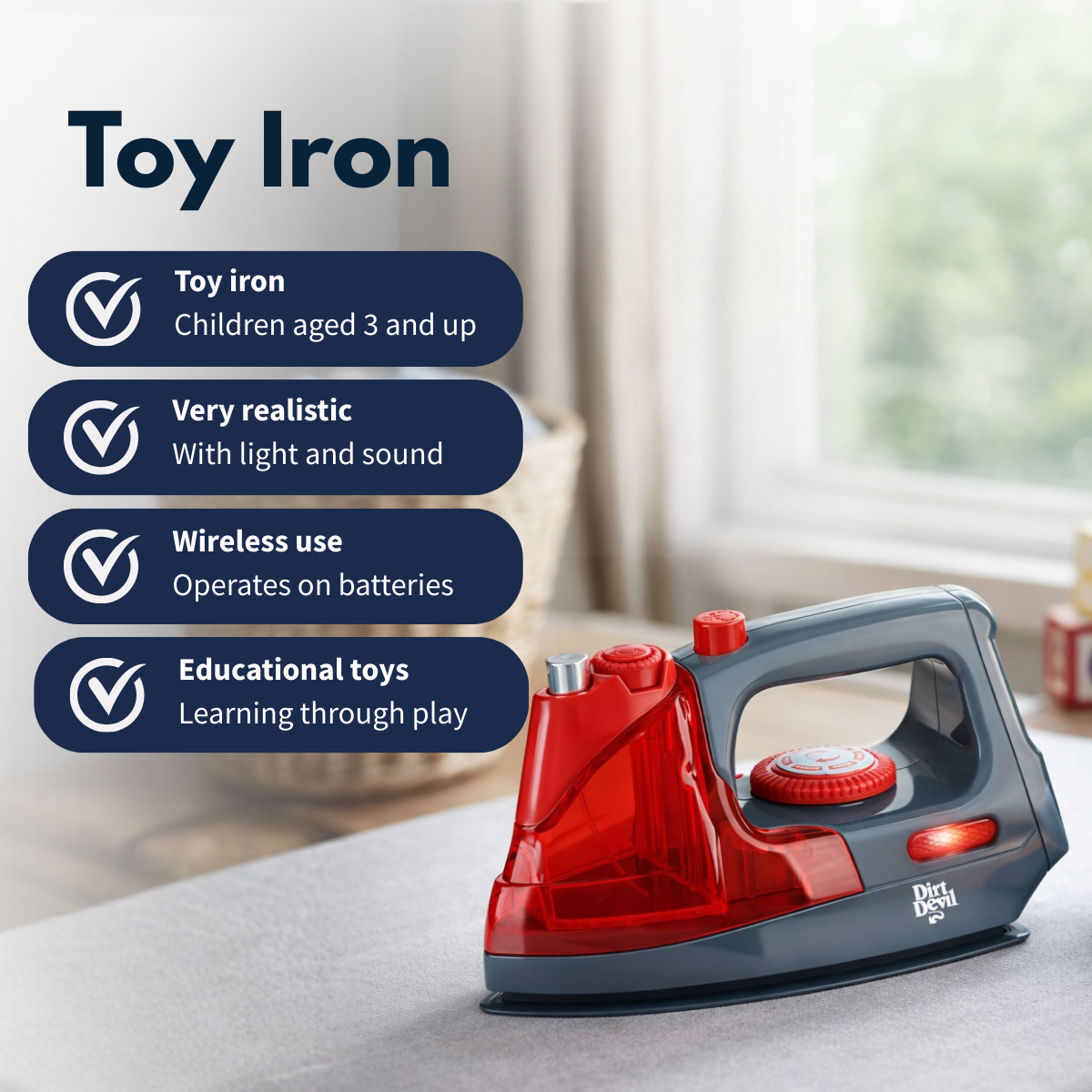 A gray and red toy iron with lights.
