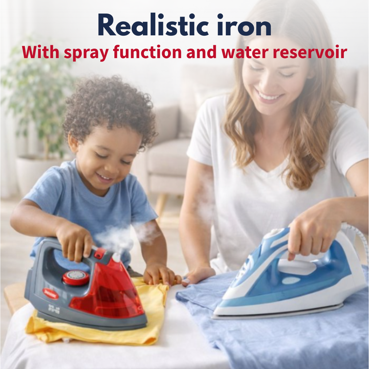 Mother and child ironing clothes with steam irons on a table.