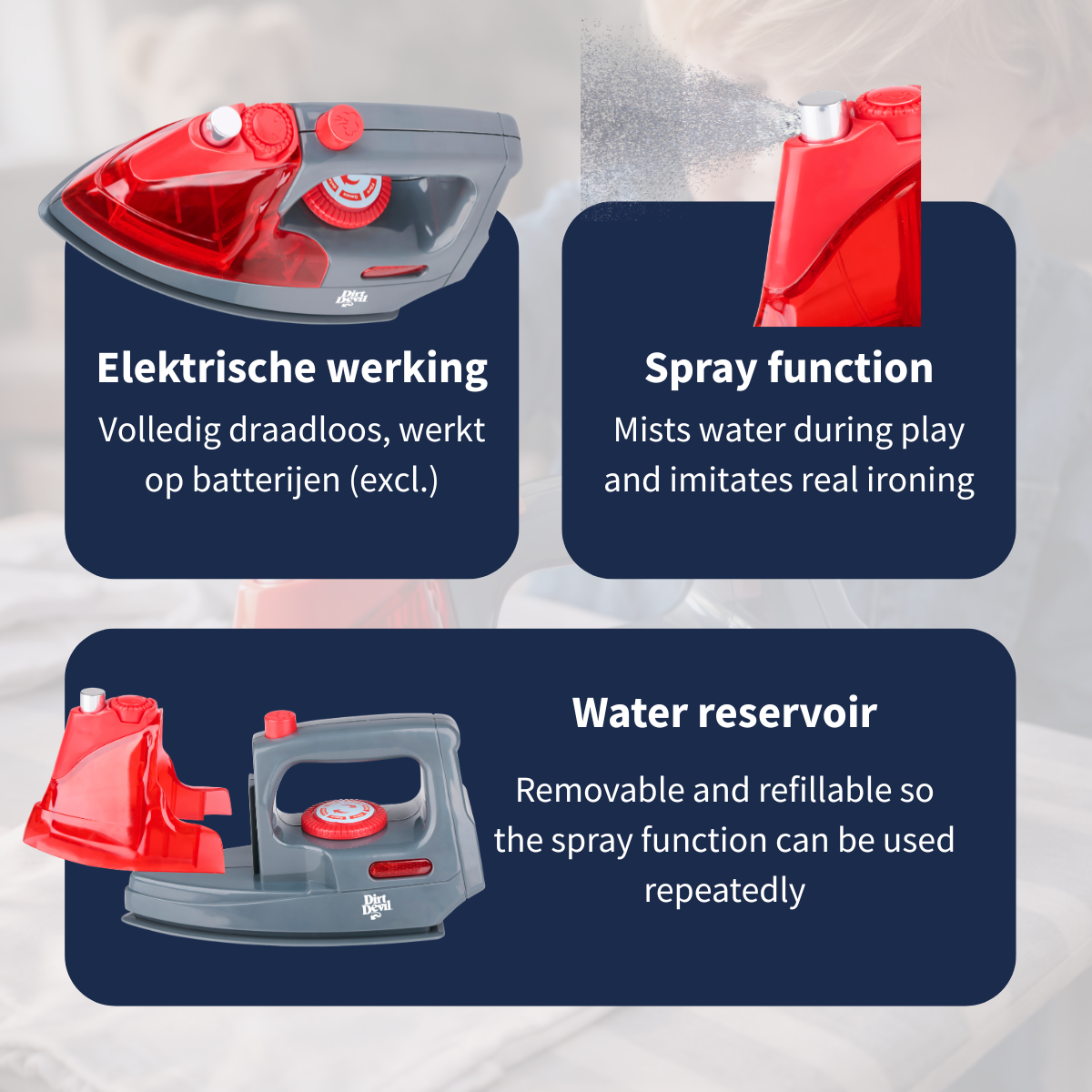 A toy iron with red and gray details, showing spray function and water reservoir.