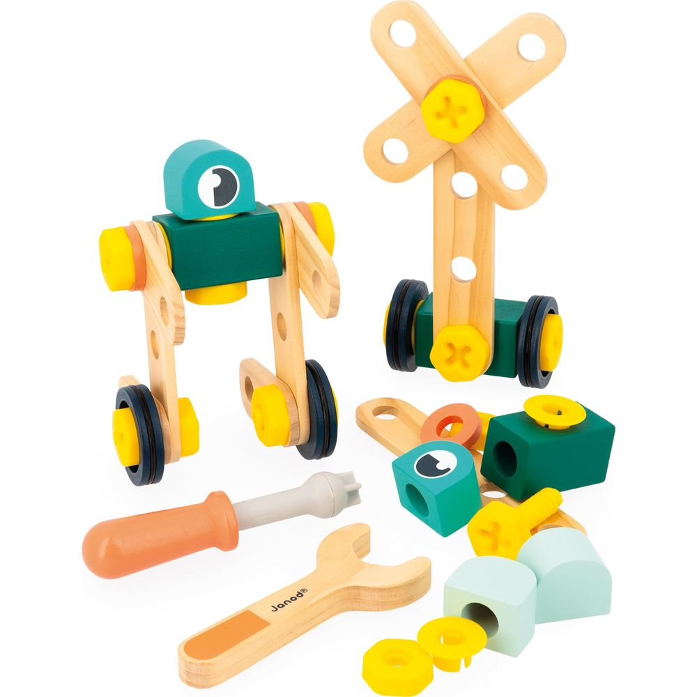Holzroboter und Windmühlenspielzeug mit Werkzeugen. Bunte Blöcke und Schrauben.