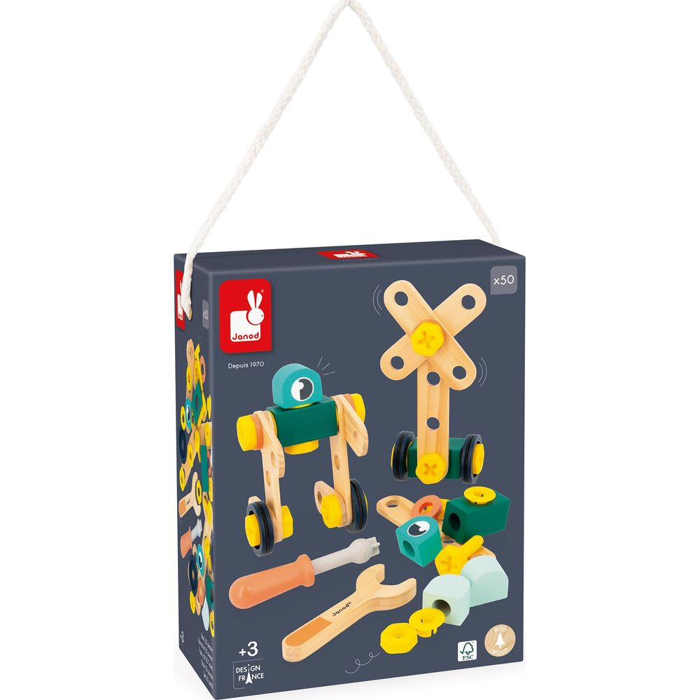 Janod Spielzeugkiste mit Holzroboter, Werkzeugen und Rädern.