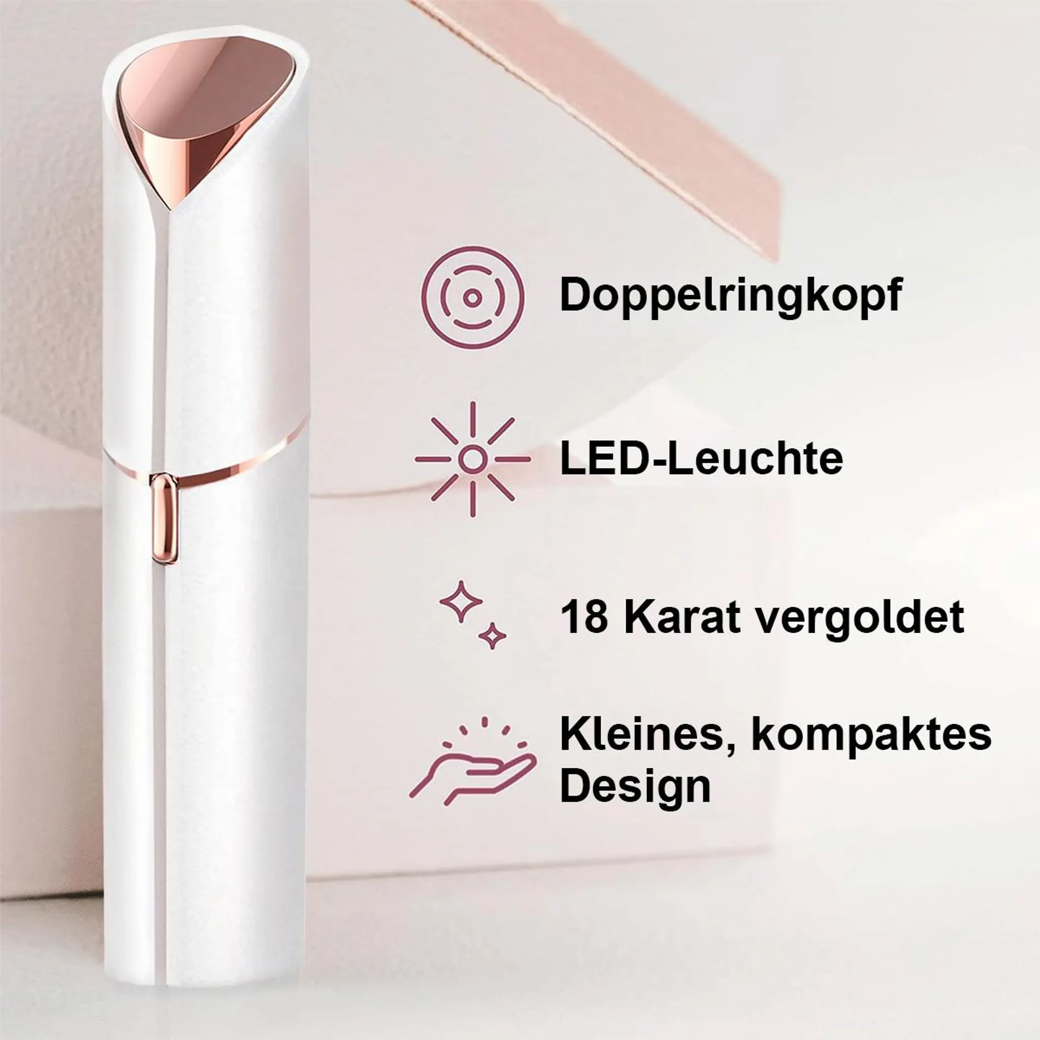 Ein weißer Haarentferner mit Roségold-Akzenten und Infografiken.