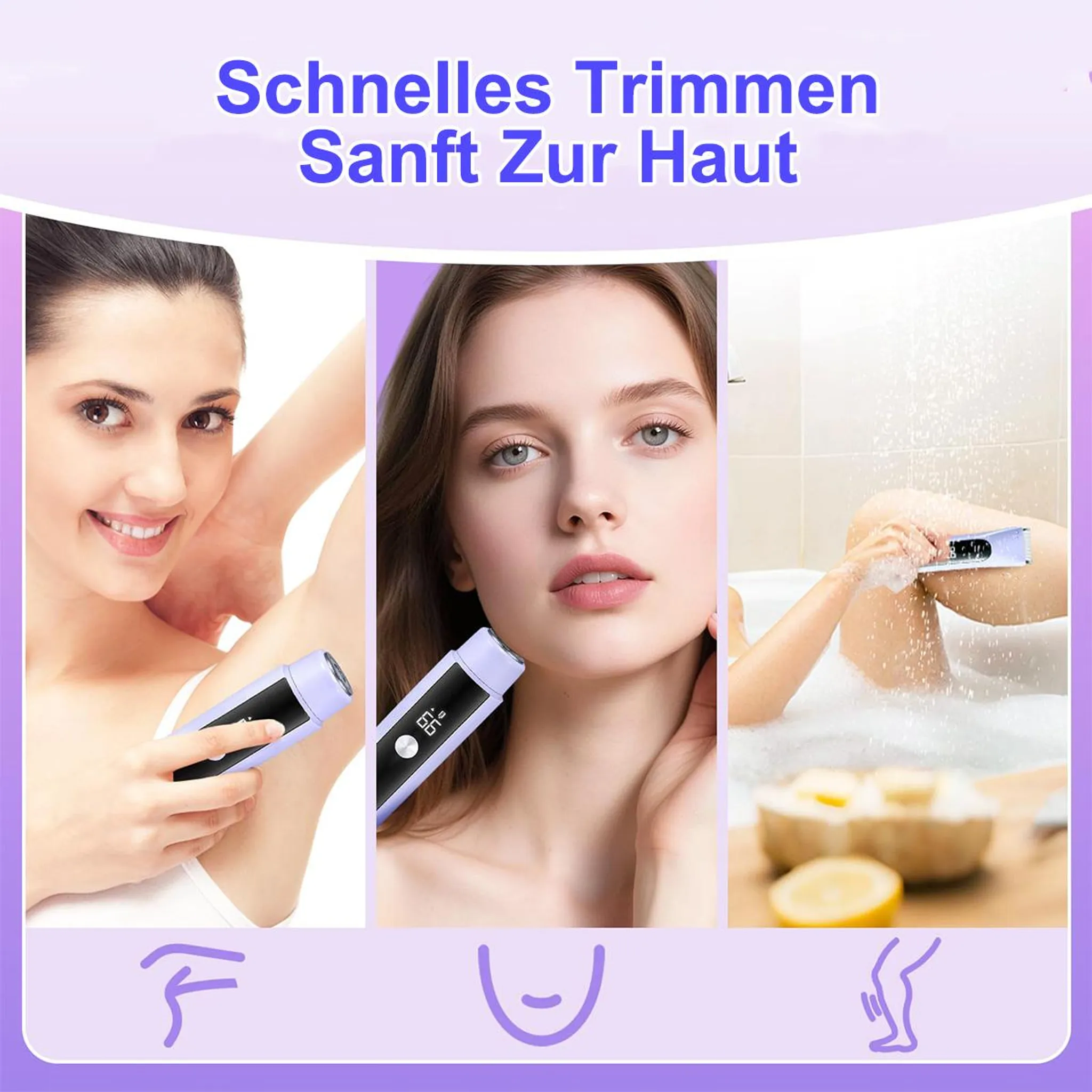Drei Bilder: Frau rasiert Achseln, Frau im Gesicht, Beinrasur in der Badewanne.